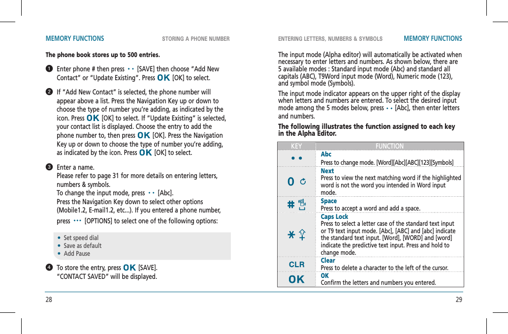 28 29STORING A PHONE NUMBER ENTERING LETTERS, NUMBERS &amp; SYMBOLSMEMORY FUNCTIONS MEMORY FUNCTIONSThe phone book stores up to 500 entries.   Enter phone # then press   [SAVE] then choose “Add New Contact” or “Update Existing”. Press   [OK] to select.   If “Add New Contact” is selected, the phone number will appear above a list. Press the Navigation Key up or down to choose the type of number you’re adding, as indicated by the icon. Press   [OK] to select. If “Update Existing” is selected, your contact list is displayed. Choose the entry to add the phone number to, then press   [OK]. Press the Navigation Key up or down to choose the type of number you’re adding, as indicated by the icon. Press   [OK] to select.   Enter a name.        Please refer to page 31 for more details on entering letters, numbers &amp; symbols.        To change the input mode, press   [Abc].     Press the Navigation Key down to select other options(Mobile1.2, E-mail1.2, etc...). If you entered a phone number, press  [OPTIONS] to select one of the following options:   To store the entry, press   [SAVE].    “CONTACT SAVED” will be displayed.•  Set speed dial•  Save as default•  Add PauseThe input mode (Alpha editor) will automatically be activated when necessary to enter letters and numbers. As shown below, there are 5 available modes : Standard input mode (Abc) and standard all capitals (ABC), T9Word input mode (Word), Numeric mode (123), and symbol mode (Symbols).The input mode indicator appears on the upper right of the display when letters and numbers are entered. To select the desired input mode among the 5 modes below, press   [Abc], then enter letters and numbers.The following illustrates the function assigned to each key in the Alpha Editor.AbcPress to change mode. [Word][Abc][ABC][123][Symbols]NextPress to view the next matching word if the highlighted word is not the word you intended in Word input mode.SpacePress to accept a word and add a space.ClearPress to delete a character to the left of the cursor.OKConfirm the letters and numbers you entered.Caps LockPress to select a letter case of the standard text input or T9 text input mode. [Abc], [ABC] and [abc] indicate the standard text input. [Word], [WORD] and [word] indicate the predictive text input. Press and hold to change mode.KEY FUNCTION