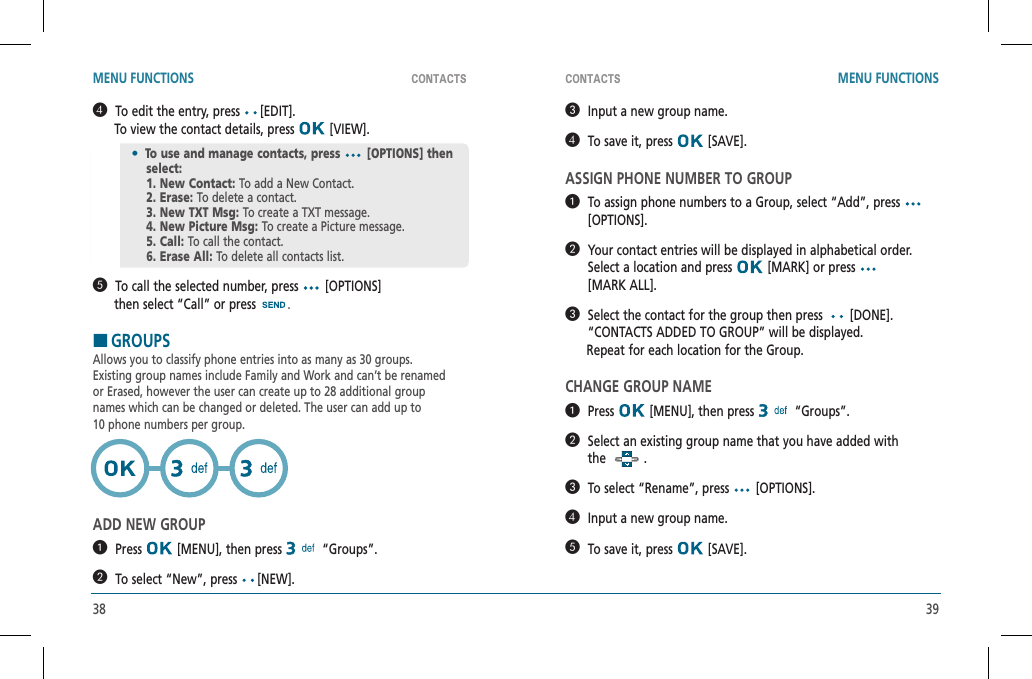 38 39CONTACTS CONTACTSMENU FUNCTIONS MENU FUNCTIONS   To edit the entry, press [EDIT].      To view the contact details, press   [VIEW].   To call the selected number, press   [OPTIONS]      then select “Call” or press  .HGROUPSAllows you to classify phone entries into as many as 30 groups.Existing group names include Family and Work and can’t be renamedor Erased, however the user can create up to 28 additional groupnames which can be changed or deleted. The user can add up to10 phone numbers per group.ADD NEW GROUP   Press  [MENU], then press  “Groups”.   To select “New”, press [NEW].   Input a new group name.   To save it, press   [SAVE].ASSIGN PHONE NUMBER TO GROUP   To assign phone numbers to a Group, select “Add”, press [OPTIONS].   Your contact entries will be displayed in alphabetical order. Select a location and press   [MARK] or press [MARK ALL].   Select the contact for the group then press   [DONE].  “CONTACTS ADDED TO GROUP” will be displayed.      Repeat for each location for the Group.CHANGE GROUP NAME   Press  [MENU], then press  “Groups”.   Select an existing group name that you have added withthe  .   To select “Rename”, press   [OPTIONS].   Input a new group name.   To save it, press   [SAVE].•To use and manage contacts, press [OPTIONS] then    select:    1. New Contact: To add a New Contact.    2. Erase: To delete a contact.    3. New TXT Msg: To create a TXT message.    4. New Picture Msg: To create a Picture message.    5. Call: To call the contact.    6. Erase All: To delete all contacts list.