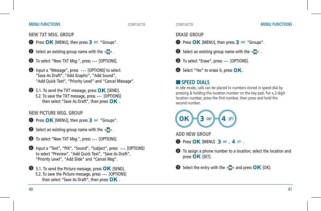 40 41CONTACTS CONTACTSMENU FUNCTIONS MENU FUNCTIONSNEW TXT MSG. GROUP   Press  [MENU], then press  “Groups”.   Select an existing group name with the   .   To select “New TXT Msg.”, press   [OPTIONS].   Input a “Message”, press  [OPTIONS] to select   “Save As Draft”, “Add Graphic”, “Add Sound”,    “Add Quick Text”, “Priority Level” and “Cancel Message”.   5.1. To send the TXT message, press   [SEND].      5.2. To save the TXT message, press   [OPTIONS]            then select “Save As Draft”, then press   .NEW PICTURE MSG. GROUP   Press  [MENU], then press  “Groups”.   Select an existing group name with the   .   To select “New TXT Msg.”, press   [OPTIONS].   Input a “Text”, “PIX”, “Sound”, “Subject”, press    [OPTIONS] to select “Preview”, “Add Quick Text”, “Save As Draft”, “Priority Level”, “Add Slide” and “Cancel Msg”.   5.1. To send the Picture message, press   [SEND].      5.2. To save the Picture message, press   [OPTIONS]            then select “Save As Draft”, then press   .ERASE GROUP   Press  [MENU], then press  “Groups”.   Select an existing group name with the   .   To select “Erase”, press   [OPTIONS].   Select “Yes” to erase it, press  .HSPEED DIALSIn idle mode, calls can be placed to numbers stored in speed dial bypressing &amp; holding the location number on the key pad. For a 2-digitlocation number, press the first number, then press and hold thesecond number.ADD NEW GROUP  Press  [MENU]   ,   .   To assign a phone number to a location, select the location and press  [SET].   Select the entry with the   and press   [OK].