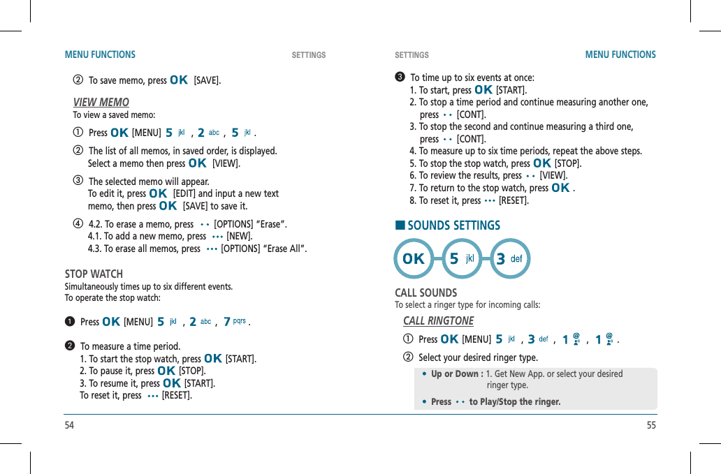 54 55SETTINGS SETTINGSMENU FUNCTIONS MENU FUNCTIONS   To save memo, press    [SAVE].VIEW MEMOTo view a saved memo:   Press  [MENU]   ,   ,  .   The list of all memos, in saved order, is displayed.      Select a memo then press    [VIEW].   The selected memo will appear.      To edit it, press    [EDIT] and input a new text      memo, then press    [SAVE] to save it.   4.2. To erase a memo, press    [OPTIONS] “Erase”.      4.1. To add a new memo, press    [NEW].      4.3. To erase all memos, press    [OPTIONS] “Erase All”.STOP WATCHSimultaneously times up to six different events.    To operate the stop watch:  Press  [MENU]   ,   ,  .  To measure a time period.      1. To start the stop watch, press   [START].      2. To pause it, press   [STOP].      3. To resume it, press   [START].      To reset it, press    [RESET].  To time up to six events at once:      1. To start, press   [START].      2. To stop a time period and continue measuring another one,             press   [CONT].      3. To stop the second and continue measuring a third one,            press   [CONT].      4. To measure up to six time periods, repeat the above steps.      5. To stop the stop watch, press   [STOP].      6. To review the results, press   [VIEW].      7. To return to the stop watch, press   .      8. To reset it, press   [RESET].HSOUNDS SETTINGSCALL SOUNDSTo select a ringer type for incoming calls:CALL RINGTONE   Press  [MENU]   ,   ,   ,  .   Select your desired ringer type.•Up or Down : 1. Get New App. or select your desired                ringer type.•Press to Play/Stop the ringer.