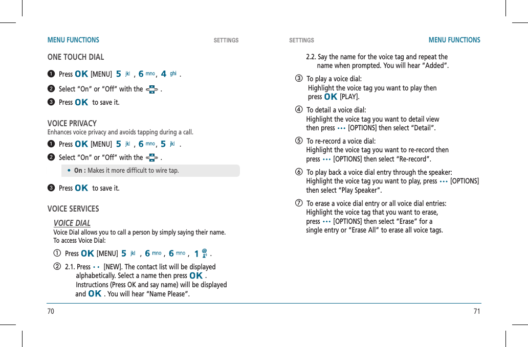 70 71SETTINGS SETTINGSMENU FUNCTIONS MENU FUNCTIONSONE TOUCH DIAL  Press  [MENU]   ,  , .  Select “On” or “Off” with the   .  Press   to save it.VOICE PRIVACYEnhances voice privacy and avoids tapping during a call.  Press  [MENU]   ,  , .  Select “On” or “Off” with the   .  Press   to save it.VOICE SERVICESVOICE DIALVoice Dial allows you to call a person by simply saying their name.To access Voice Dial:   Press  [MENU]   ,   ,   ,  .   2.1. Press   [NEW]. The contact list will be displayed        alphabetically. Select a name then press   .                Instructions (Press OK and say name) will be displayed              and   . You will hear “Name Please”.      2.2. Say the name for the voice tag and repeat the            name when prompted. You will hear “Added”.   To play a voice dial:       Highlight the voice tag you want to play then       press   [PLAY].   To detail a voice dial:      Highlight the voice tag you want to detail view      then press   [OPTIONS] then select “Detail”.   To re-record a voice dial:      Highlight the voice tag you want to re-record then      press   [OPTIONS] then select “Re-record”.   To play back a voice dial entry through the speaker:      Highlight the voice tag you want to play, press   [OPTIONS]         then select “Play Speaker”.   To erase a voice dial entry or all voice dial entries:      Highlight the voice tag that you want to erase,      press   [OPTIONS] then select “Erase” for a      single entry or “Erase All” to erase all voice tags.•On : Makes it more difficult to wire tap.