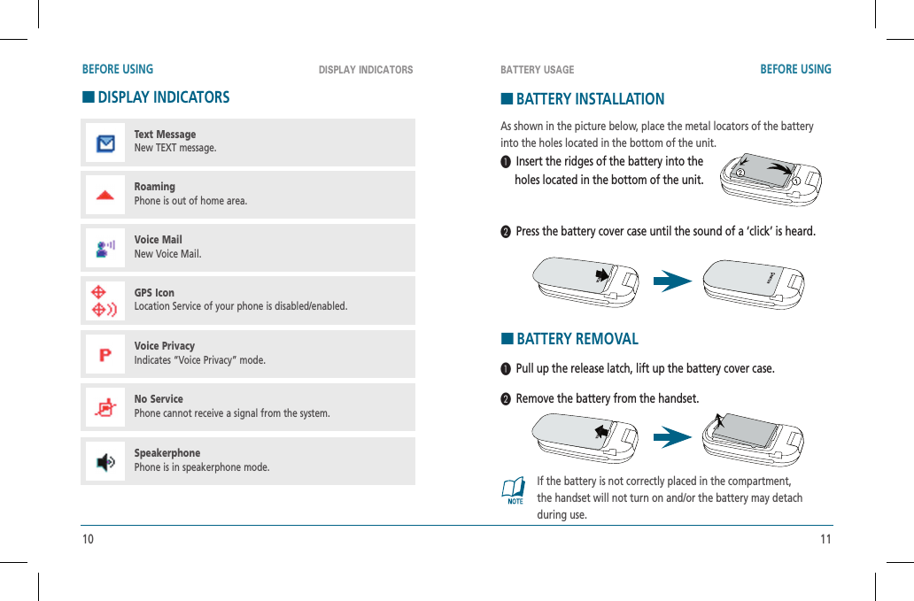 DISPLAY INDICATORS BATTERY USAGEBEFORE USING BEFORE USING10 11HDISPLAY INDICATORSHBATTERY INSTALLATIONAs shown in the picture below, place the metal locators of the battery into the holes located in the bottom of the unit.  Insert the ridges of the battery into the     holes located in the bottom of the unit.  Press the battery cover case until the sound of a ‘click’ is heard.HBATTERY REMOVAL  Pull up the release latch, lift up the battery cover case.  Remove the battery from the handset.If the battery is not correctly placed in the compartment,the handset will not turn on and/or the battery may detachduring use.Voice MailNew Voice Mail.GPS IconLocation Service of your phone is disabled/enabled.Voice PrivacyIndicates “Voice Privacy” mode.No ServicePhone cannot receive a signal from the system.SpeakerphonePhone is in speakerphone mode.Text MessageNew TEXT message.RoamingPhone is out of home area.
