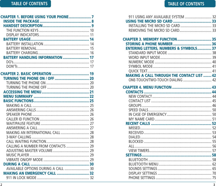 TABLE OF CONTENTS911 USING ANY AVAILABLE SYSTEM ............................. 32USING THE MICRO SD CARD ...................................... 33INSTALLING THE MICRO SD CARD .................................. 33REMOVING THE MICRO SD CARD ................................... 33CHAPTER 3. MEMORY FUNCTION .................................. 35STORING A PHONE NUMBER ...................................... 36ENTERING LETTERS, NUMBERS &amp; SYMBOLS .............. 37STANDARD INPUT MODE ................................................ 38WORD INPUT MODE ........................................................ 39NUMERIC MODE .............................................................. 40SYMBOL MODE ................................................................ 41QUICK TEXT ...................................................................... 41MAKING A CALL THROUGH THE CONTACT LIST ........ 42ONE-TOUCH/TWO-TOUCH DIALING ............................... 42CHAPTER 4. MENU FUNCTION ....................................... 43CONTACTS ................................................................... 44NEW CONTACT ................................................................. 44CONTACT LIST .................................................................. 45GROUPS ............................................................................ 46SPEED DIALS ..................................................................... 50IN CASE OF EMERGENCY ................................................. 50MY NAME CARD .............................................................. 51RECENT CALLS ............................................................ 52MISSED .............................................................................. 52RECEIVED .......................................................................... 53DIALED .............................................................................. 54BLOCKED .......................................................................... 55ALL .................................................................................... 56VIEW TIMERS .................................................................... 57SETTINGS ..................................................................... 58BLUETOOTH ..................................................................... 58BLUETOOTH MENU .......................................................... 62SOUNDS SETTINGS ........................................................... 65DISPLAY SETTINGS ........................................................... 70PHONE SETTINGS ............................................................. 753TABLE OF CONTENTSCHAPTER 1. BEFORE USING YOUR PHONE ...................... 7INSIDE THE PACKAGE ................................................... 8HANDSET DESCRIPTION ................................................ 9THE FUNCTION KEYS ....................................................... 10DISPLAY INDICATORS ....................................................... 11BATTERY USAGE .......................................................... 14BATTERY INSTALLATION .................................................. 14BATTERY REMOVAL ......................................................... 15BATTERY CHARGING ........................................................ 16BATTERY HANDLING INFORMATION .......................... 17DO’s ................................................................................... 17DON’Ts .............................................................................. 17CHAPTER 2. BASIC OPERATION ..................................... 19TURNING THE PHONE ON / OFF .................................. 20TURNING THE PHONE ON ............................................... 20TURNING THE PHONE OFF .............................................. 20ACCESSING THE MENU ............................................... 21MENU SUMMARY ....................................................... 22BASIC FUNCTIONS ....................................................... 25MAKING A CALL .............................................................. 25ANSWERING CALLS .......................................................... 26SPEAKER PHONE .............................................................. 26CALLER ID FUNCTION ...................................................... 26WAIT/PAUSE FEATURE ..................................................... 27ANSWERING A CALL ........................................................ 27MAKING AN INTERNATIONAL CALL ............................... 283-WAY CALLING ............................................................... 28CALL WAITING FUNCTION ............................................... 28CALLING A NUMBER FROM CONTACTS ......................... 29ADJUSTING MASTER VOLUME ........................................ 29MUSIC PLAYER ................................................................. 29VIBRATE ON/OFF MODE .................................................. 29DURING A CALL .......................................................... 30AVAILABLE OPTIONS DURING A CALL ........................... 30MAKING AN EMERGENCY CALL ................................ 32911 IN LOCK MODE ......................................................... 322