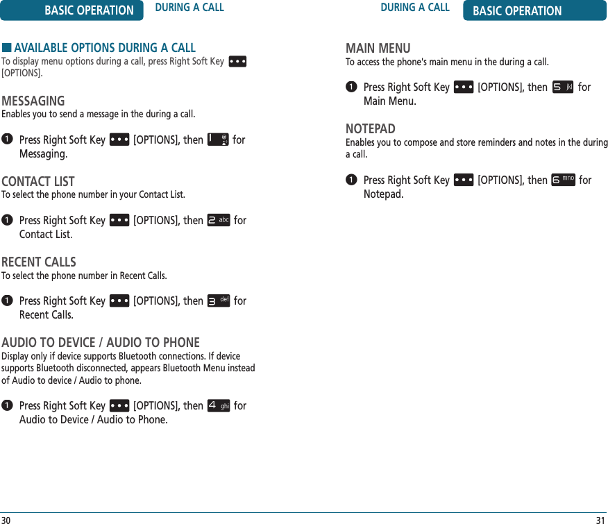 HAVAILABLE OPTIONS DURING A CALLTo display menu options during a call, press Right Soft Key[OPTIONS].MESSAGINGEnables you to send a message in the during a call.   Press Right Soft Key[OPTIONS], thenfor Messaging.CONTACT LISTTo select the phone number in your Contact List.  Press Right Soft Key[OPTIONS], thenfor Contact List.RECENT CALLSTo select the phone number in Recent Calls.  Press Right Soft Key[OPTIONS], thenfor Recent Calls.AUDIO TO DEVICE / AUDIO TO PHONEDisplay only if device supports Bluetooth connections. If device  supports Bluetooth disconnected, appears Bluetooth Menu instead  of Audio to device / Audio to phone.  Press Right Soft Key[OPTIONS], thenfor Audio to Device / Audio to Phone.DURING A CALL BASIC OPERATION3130BASIC OPERATION DURING A CALLMAIN MENUTo access the phone&apos;s main menu in the during a call.   Press Right Soft Key[OPTIONS], thenfor Main Menu.NOTEPADEnables you to compose and store reminders and notes in the during a call.   Press Right Soft Key[OPTIONS], thenfor Notepad.