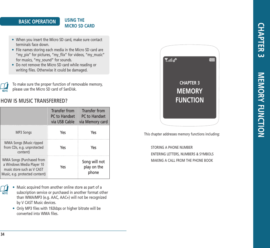 CHAPTER 3 MEMORY FUNCTIONThis chapter addresses memory functions including:STORING A PHONE NUMBERENTERING LETTERS, NUMBERS &amp; SYMBOLSMAKING A CALL FROM THE PHONE BOOK CHAPTER 3       MEMORY FUNCTION34BASIC OPERATION USING THE MICRO SD CARDTo make sure the proper function of removable memory, please use the Micro SD card of SanDisk.HOW IS MUSIC TRANSFERRED?•   Music acquired from another online store as part of a  subscription service or purchased in another format other than WMA/MP3 (e.g. AAC, AAC+) will not be recognized by V CAST Music devices.•   Only MP3 files with 192kbps or higher bitrate will be converted into WMA files.Transfer fromPC to Handsetvia USB CableWMA Songs (Music ripped from CDs, e.g. unprotected content)YesYesWMA Songs (Purchased from a Windows Media Player 10 music store such as V CAST Music, e.g. protected content)YesSong will notplay on the phoneTransfer fromPC to Handsetvia Memory card•   When you insert the Micro SD card, make sure contact terminals face down.•   File names storing each media in the Micro SD card are “my_pix” for pictures, “my_flix” for videos, “my_music” for musics, “my_sound” for sounds.•   Do not remove the Micro SD card while reading or   writing files. Otherwise it could be damaged.MP3 SongsYesYes