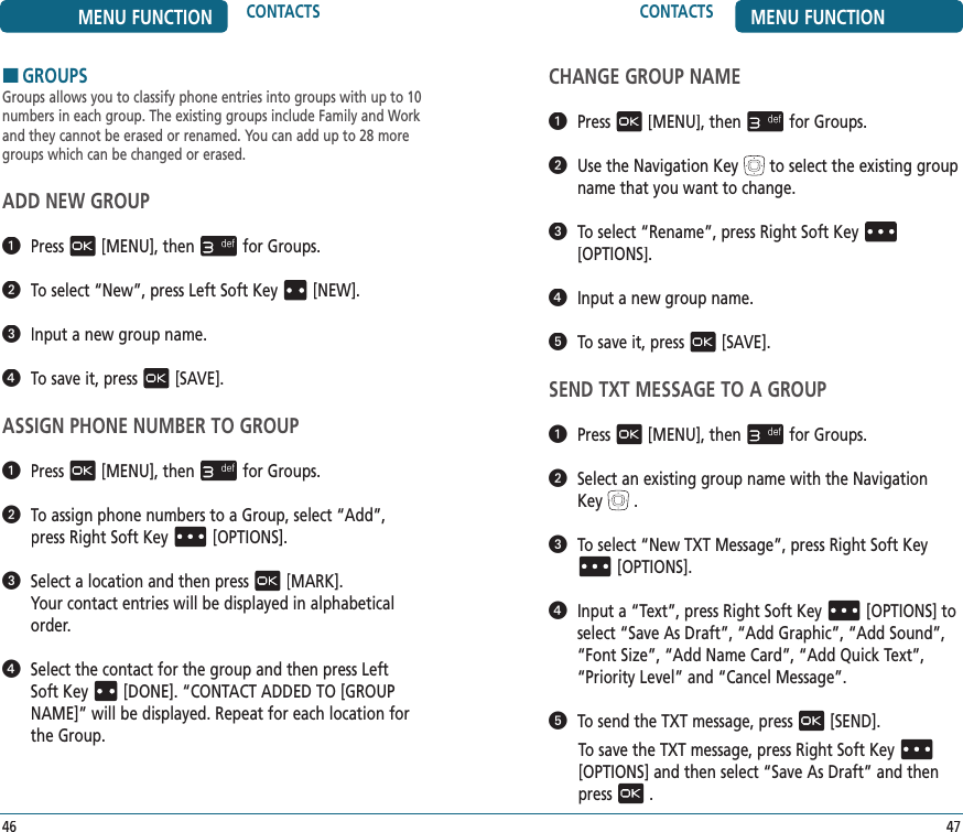 CONTACTS MENU FUNCTION47MENU FUNCTION CONTACTS46HGROUPSGroups allows you to classify phone entries into groups with up to 10 numbers in each group. The existing groups include Family and Work and they cannot be erased or renamed. You can add up to 28 more groups which can be changed or erased.ADD NEW GROUP   Press[MENU], thenfor Groups.   To select “New”, press Left Soft Key[NEW].   Input a new group name.   To save it, press[SAVE].ASSIGN PHONE NUMBER TO GROUP   Press[MENU], thenfor Groups.   To assign phone numbers to a Group, select “Add”, press Right Soft Key[OPTIONS].   Select a location and then press[MARK].  Your contact entries will be displayed in alphabetical order.   Select the contact for the group and then press Left Soft Key[DONE]. “CONTACT ADDED TO [GROUP NAME]” will be displayed. Repeat for each location for the Group.CHANGE GROUP NAME   Press[MENU], thenfor Groups.   Use the Navigation Keyto select the existing group name that you want to change.   To select “Rename”, press Right Soft Key[OPTIONS].   Input a new group name.   To save it, press[SAVE].SEND TXT MESSAGE TO A GROUP   Press[MENU], thenfor Groups.   Select an existing group name with the Navigation Key.   To select “New TXT Message”, pressRight Soft Key[OPTIONS].   Input a “Text”, press Right Soft Key[OPTIONS] to select “Save As Draft”, “Add Graphic”, “Add Sound”, “Font Size”, “Add Name Card”, “Add Quick Text”, “Priority Level” and “Cancel Message”.   To send the TXT message, press[SEND].To save the TXT message, press Right Soft Key[OPTIONS] and then select “Save As Draft” and then press.