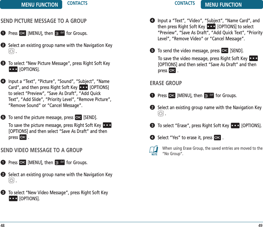 CONTACTS MENU FUNCTION49MENU FUNCTION CONTACTS48SEND PICTURE MESSAGE TO A GROUP   Press[MENU], thenfor Groups.   Select an existing group name with the Navigation Key.   To select “New Picture Message”, press Right Soft Key[OPTIONS].   Input a “Text”, “Picture”, “Sound”, “Subject”, “Name Card”, and then press Right Soft Key[OPTIONS] to select “Preview”,“Save As Draft”, “Add Quick Text”, “Add Slide”, “Priority Level”, “Remove Picture”, “Remove Sound” or “Cancel Message”.   To send the picture message, press[SEND].To save the picture message, press Right Soft Key[OPTIONS] and then select “Save As Draft” and then press.SEND VIDEO MESSAGE TO A GROUP   Press[MENU], thenfor Groups.   Select an existing group name with the Navigation Key.   To select “New Video Message”, press Right Soft Key[OPTIONS].   Input a “Text”, “Video”, “Subject”, “Name Card”, and then press Right Soft Key[OPTIONS] to select “Preview”, “Save As Draft”, “Add Quick Text”, “Priority Level”, “Remove Video” or “Cancel Message”.   To send the video message, press[SEND].To save the video message, press Right Soft Key[OPTIONS] and then select “Save As Draft” and then press.ERASE GROUP   Press[MENU], thenfor Groups.   Select an existing group name with the Navigation Key.   To select “Erase”, press Right Soft Key[OPTIONS].   Select “Yes” to erase it, press.When using Erase Group, the saved entries are moved to the “No Group”.