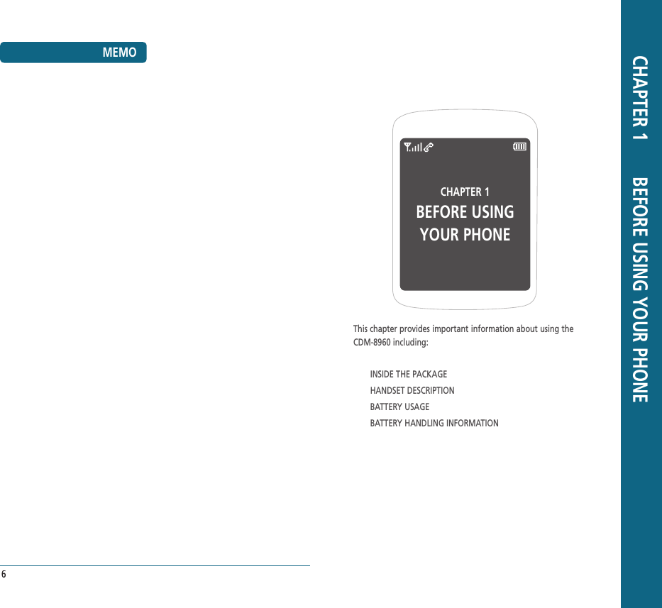 CHAPTER 1 BEFORE USINGYOUR PHONEThis chapter provides important information about using theCDM-8960 including:INSIDE THE PACKAGEHANDSET DESCRIPTIONBATTERY USAGEBATTERY HANDLING INFORMATION CHAPTER 1       BEFORE USING YOUR PHONEMEMO6