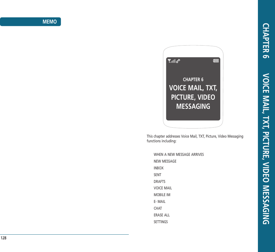 CHAPTER 6 VOICE MAIL, TXT,PICTURE, VIDEOMESSAGINGThis chapter addresses Voice Mail, TXT, Picture, Video Messaging functions including:WHEN A NEW MESSAGE ARRIVESNEW MESSAGEINBOXSENTDRAFTSVOICE MAILMOBILE IME- MAILCHATERASE ALLSETTINGS CHAPTER 6       VOICE MAIL, TXT, PICTURE, VIDEO MESSAGINGMEMO128