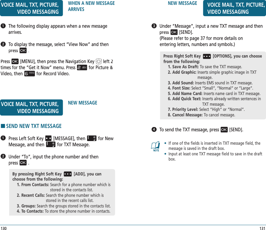 NEW MESSAGE VOICE MAIL, TXT, PICTURE, VIDEO MESSAGING131   Under “Message”, input a new TXT message and then press[SEND].(Please refer to page 37 for more details on  entering letters, numbers and symbols.)   To send the TXT message, press[SEND].•   If one of the fields is inserted in TXT message field, the message is saved in the draft box.•   Input at least one TXT message field to save in the draft box.Press Right Soft Key [OPTIONS], you can choose from the following:1. Save As Draft:  To save the TXT message.2. Add Graphic:  Inserts simple graphic image in TXT message.3. Add Sound:  Inserts EMS sound in TXT message.4. Font Size:  Select “Small“, “Normal“ or “Large“.5. Add Name Card:  Inserts name card in TXT message.6. Add Quick Text:  Inserts already written sentences in TXT message.7. Priority Level:  Select “High“ or “Normal“.8. Cancel Message:  To cancel message.VOICE MAIL, TXT, PICTURE, VIDEO MESSAGINGWHEN A NEW MESSAGE ARRIVES130   The following display appears when a new message arrives.   To display the message, select “View Now” and then press.By pressing Right Soft Key [ADD], you can choose from the following:1. From Contacts:  Search for a phone number which is stored in the contacts list.2. Recent Calls:  Search the phone number which is stored in the recent calls list.3. Groups:  Search the groups stored in the contacts list.4. To Contacts:  To store the phone number in contacts.VOICE MAIL, TXT, PICTURE, VIDEO MESSAGINGNEW MESSAGEHSEND NEW TXT MESSAGE   Press Left Soft Key[MESSAGE], thenfor New Message, and thenfor TXT Message.   Under “To”, input the phone number and then  press.Press[MENU], then press the Navigation Keyleft 2 times for the“Get it Now” menu. Pressfor Picture &amp; Video, thenfor Record Video.