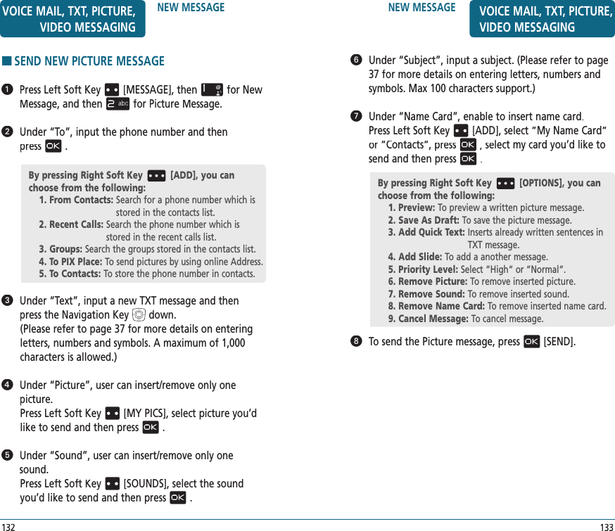 NEW MESSAGE133   Under “Subject”, input a subject. (Please refer to page 37 for more details on entering letters, numbers and symbols. Max 100 characters support.)   Under “Name Card”, enable to insert name card.  Press Left Soft Key[ADD], select “My Name Card“or “Contacts“, press,select my card you’d like to send and then press.   To send the Picture message, press[SEND].By pressing Right Soft Key [OPTIONS], you can choose from the following:1. Preview: To preview a written picture message.2. Save As Draft: To save the picture message.3. Add Quick Text:  Inserts already written sentences in TXT message.4. Add Slide:  To add a another message.5. Priority Level:  Select “High“ or “Normal“.6. Remove Picture:  To remove inserted picture.7. Remove Sound:  To remove inserted sound.8. Remove Name Card: To remove inserted name card.9. Cancel Message:  To cancel message.VOICE MAIL, TXT, PICTURE, VIDEO MESSAGINGNEW MESSAGE132HSEND NEW PICTURE MESSAGE   Press Left Soft Key[MESSAGE], thenfor New Message, and thenfor Picture Message.   Under “To”, input the phone number and then  press.   Under “Text”, input a new TXT message and then  press the Navigation Keydown.(Please refer to page 37 for more details on entering letters, numbers and symbols. A maximum of 1,000 characters is allowed.)   Under “Picture”, user can insert/remove only one picture.Press Left Soft Key[MY PICS], select picture you’d like to send and then press.   Under “Sound”, user can insert/remove only one sound.Press Left Soft Key[SOUNDS], select the sound you’d like to send and then press.By pressing Right Soft Key [ADD], you can choose from the following:1. From Contacts:  Search for a phone number which is stored in the contacts list.2. Recent Calls:  Search the phone number which is stored in the recent calls list.3. Groups:  Search the groups stored in the contacts list.4. To PIX Place:  To send pictures by using online Address.5. To Contacts:  To store the phone number in contacts.VOICE MAIL, TXT, PICTURE, VIDEO MESSAGING