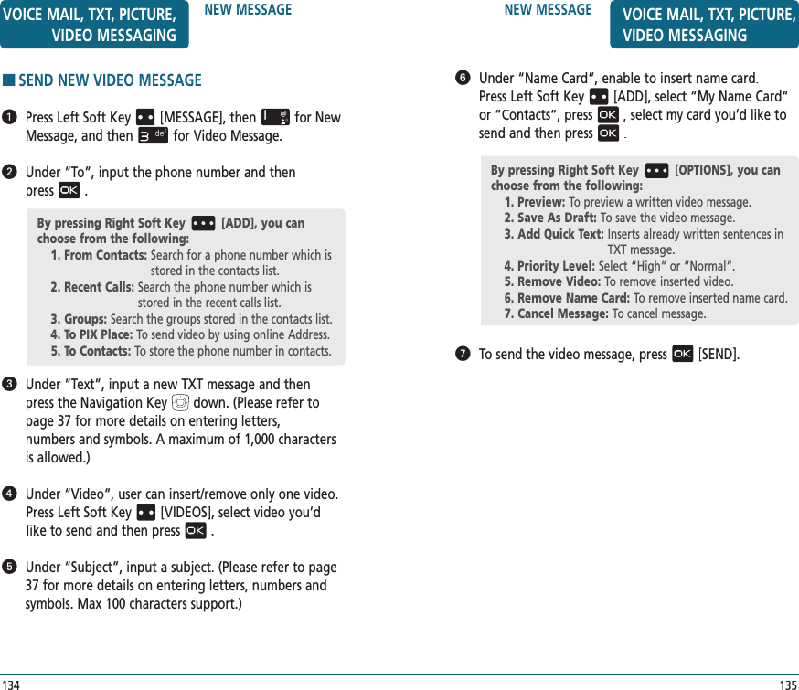 NEW MESSAGE   Under “Name Card”,enable to insert name card. Press Left Soft Key[ADD], select “My Name Card“or “Contacts“, press,select my card you’d like to send and then press.   To send the video message, press[SEND].135VOICE MAIL, TXT, PICTURE, VIDEO MESSAGINGBy pressing Right Soft Key [OPTIONS], you can choose from the following:1. Preview: To preview a written video message.2. Save As Draft: To save the video message.3. Add Quick Text:  Inserts already written sentences in TXT message.4. Priority Level:  Select “High“ or “Normal“.5. Remove Video:  To remove inserted video.6. Remove Name Card: To remove inserted name card.7. Cancel Message:  To cancel message.NEW MESSAGEHSEND NEW VIDEO MESSAGE   Press Left Soft Key[MESSAGE], thenfor New Message, and thenfor Video Message.   Under “To”, input the phone number and then  press.   Under “Text”, input a new TXT message and then  press the Navigation Keydown. (Please refer to page 37 for more details on entering letters,  numbers and symbols. A maximum of 1,000 characters is allowed.)   Under “Video”, user can insert/remove only one video.Press Left Soft Key[VIDEOS], select video you’d like to send and then press.   Under “Subject”, input a subject.(Please refer to page 37 for more details on entering letters, numbers and symbols. Max 100 characters support.)By pressing Right Soft Key [ADD], you can choose from the following:1. From Contacts:  Search for a phone number which is stored in the contacts list.2. Recent Calls:  Search the phone number which is stored in the recent calls list.3. Groups:  Search the groups stored in the contacts list.4. To PIX Place:  To send video by using online Address.5. To Contacts:  To store the phone number in contacts.134VOICE MAIL, TXT, PICTURE, VIDEO MESSAGING