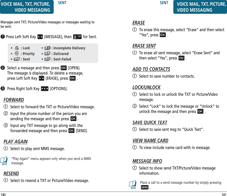 141SENT VOICE MAIL, TXT, PICTURE, VIDEO MESSAGINGERASE   To erase this message, select “Erase” and then select “Yes”, press.ERASE SENT   To erase all sent message, select “Erase Sent” and then select “Yes”, press.ADD TO CONTACTS   Select to save number to contacts.LOCK/UNLOCK   Select to lock or unlock the TXT or Picture/Video  message.   Select “Lock” to lock the message or “Unlock” to unlock the message and then press.SAVE QUICK TEXTSAVE QUICK TEXT   Select to save sent msg to “Quick Text”.VIEW NAME CARD   To view include name card with in message.MESSAGE INFO   Select to show send TXT/Picture/Video message  information.Place a call to a send message number by simply pressing.Manages sent TXT, Picture/Video messages or messages waiting to be sent.Press Left Soft Key [MESSAGE], thenfor Sent.   Select a message and then press[OPEN].  The message is displayed. To delete a message,  press Left Soft Key[ERASE], press.   Press Right Soft Key[OPTIONS].FORWARD   Select to forward the TXT or Picture/Video message.   Input the phone number of the person you are  sending the message and then press.   Input any TXT message to go along with the  forwarded message and then press[SEND].PLAY AGAIN   Select to play sent MMS message.“Play Again” menu appears only when you send a MMS message.RESEND   Select to resend a TXT or Picture/Video message.•: Lock •: Incomplete Delivery•: Priority •: Delivered•: Sent •: Sent Failed140SENTVOICE MAIL, TXT, PICTURE, VIDEO MESSAGING