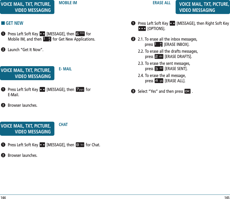 ERASE ALL145VOICE MAIL, TXT, PICTURE, VIDEO MESSAGING   Press Left Soft Key [MESSAGE], thenRight Soft Key[OPTIONS].   2.1.  To erase all the inbox messages,    press[ERASE INBOX].2.2.  To erase all the drafts messages,    press[ERASE DRAFTS].2.3.  To erase the sent messages,    press[ERASE SENT].2.4.  To erase the all message,      press[ERASE ALL].   Select “Yes” and then press.   Press Left Soft Key [MESSAGE], thenfor E-Mail.   Browser launches.   Press Left Soft Key [MESSAGE], thenfor Chat.   Browser launches.E- MAIL144VOICE MAIL, TXT, PICTURE, VIDEO MESSAGINGCHATVOICE MAIL, TXT, PICTURE, VIDEO MESSAGINGHGET NEW   Press Left Soft Key [MESSAGE], thenfor Mobile IM, and thenfor Get New Applications.   Launch “Get It Now”.MOBILE IMVOICE MAIL, TXT, PICTURE, VIDEO MESSAGING