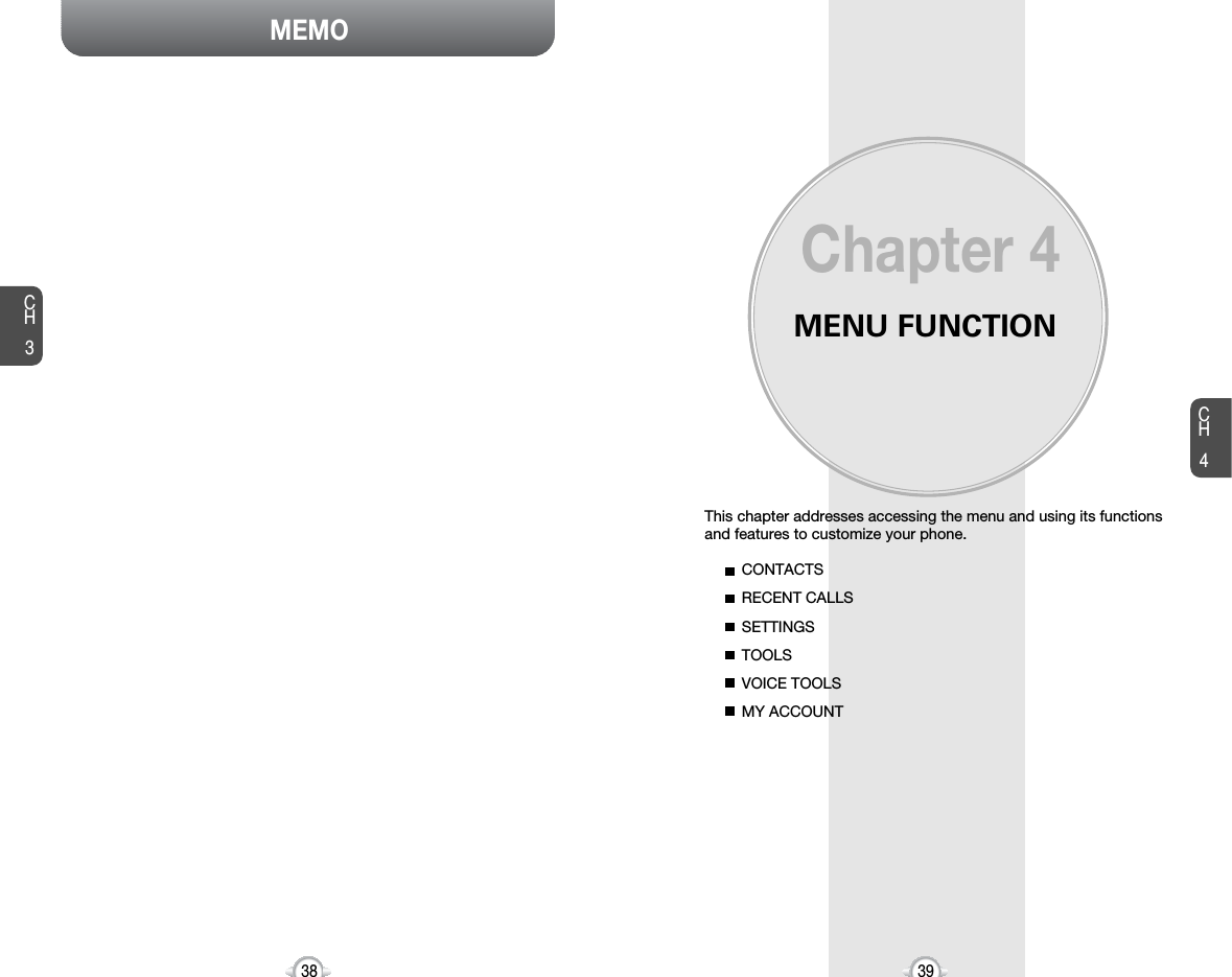 MEMOMENU FUNCTIONThis chapter addresses accessing the menu and using its functionsand features to customize your phone.Chapter 4CH439CH338CONTACTSRECENT CALLSSETTINGSTOOLSVOICE TOOLSMY ACCOUNT