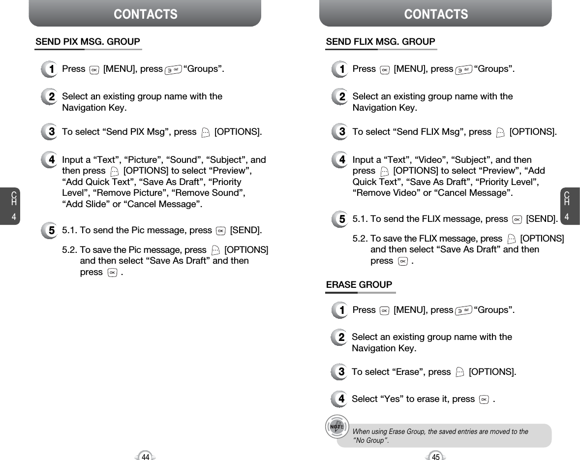 CH4CH444CONTACTS CONTACTS45SEND PIX MSG. GROUP1Press       [MENU], press        “Groups”.2Select an existing group name with theNavigation Key.4Input a “Text”, “Picture”, “Sound”, “Subject”, andthen press       [OPTIONS] to select “Preview”,“Add Quick Text”, “Save As Draft”, “PriorityLevel”, “Remove Picture”, “Remove Sound”, “Add Slide” or “Cancel Message”.53To select “Send PIX Msg”, press       [OPTIONS].5.1. To send the Pic message, press       [SEND].5.2. To save the Pic message, press [OPTIONS] and then select “Save As Draft” and then press       .SEND FLIX MSG. GROUP1Press       [MENU], press        “Groups”.2Select an existing group name with theNavigation Key.4Input a “Text”, “Video”, “Subject”, and then press       [OPTIONS] to select “Preview”, “AddQuick Text”, “Save As Draft”, “Priority Level”,“Remove Video” or “Cancel Message”.53To select “Send FLIX Msg”, press       [OPTIONS].5.1. To send the FLIX message, press       [SEND].5.2. To save the FLIX message, press [OPTIONS] and then select “Save As Draft” and then press       .When using Erase Group, the saved entries are moved to the “No Group”.ERASE GROUP2Select an existing group name with theNavigation Key.3To select “Erase”, press       [OPTIONS].4Select “Yes” to erase it, press       .1Press       [MENU], press        “Groups”.