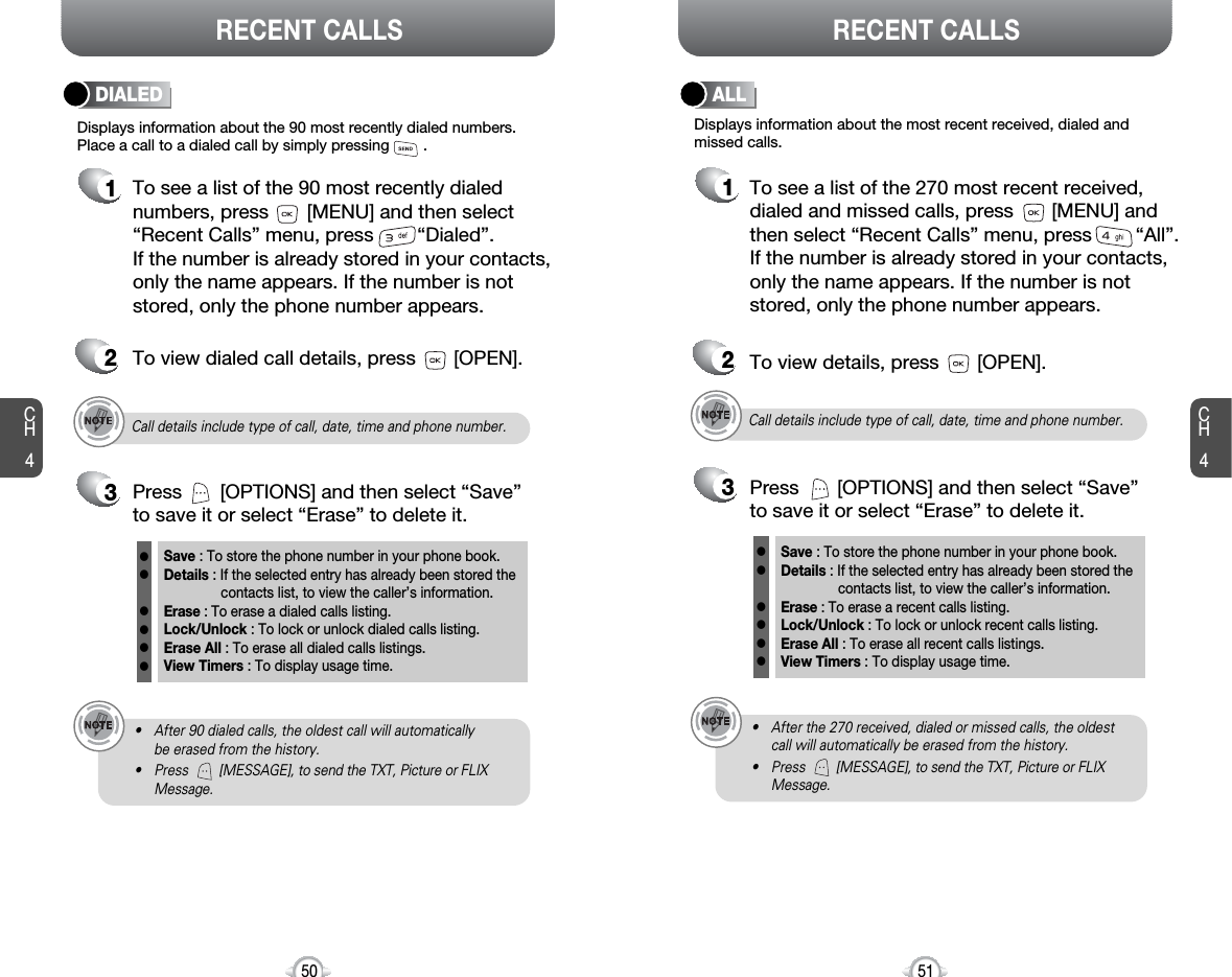 CH451CH450RECENT CALLS RECENT CALLSCall details include type of call, date, time and phone number.• After 90 dialed calls, the oldest call will automatically be erased from the history.• Press        [MESSAGE], to send the TXT, Picture or FLIXMessage.Displays information about the 90 most recently dialed numbers.Place a call to a dialed call by simply pressing        .DIALED1To see a list of the 90 most recently dialednumbers, press       [MENU] and then select“Recent Calls” menu, press        “Dialed”. If the number is already stored in your contacts,only the name appears. If the number is notstored, only the phone number appears.2To view dialed call details, press       [OPEN].3Save : To store the phone number in your phone book.Details : If the selected entry has already been stored the contacts list, to view the caller’s information.Erase : To erase a dialed calls listing.Lock/Unlock : To lock or unlock dialed calls listing.Erase All : To erase all dialed calls listings.View Timers : To display usage time.llllllPress       [OPTIONS] and then select “Save”to save it or select “Erase” to delete it.Call details include type of call, date, time and phone number.• After the 270 received, dialed or missed calls, the oldest call will automatically be erased from the history.• Press        [MESSAGE], to send the TXT, Picture or FLIXMessage.Displays information about the most recent received, dialed andmissed calls.ALL1To see a list of the 270 most recent received,dialed and missed calls, press       [MENU] and then select “Recent Calls” menu, press        “All”. If the number is already stored in your contacts,only the name appears. If the number is notstored, only the phone number appears.23To view details, press       [OPEN].Save : To store the phone number in your phone book.Details : If the selected entry has already been stored the contacts list, to view the caller’s information.Erase : To erase a recent calls listing.Lock/Unlock : To lock or unlock recent calls listing.Erase All : To erase all recent calls listings.View Timers : To display usage time.llllllPress       [OPTIONS] and then select “Save”to save it or select “Erase” to delete it.