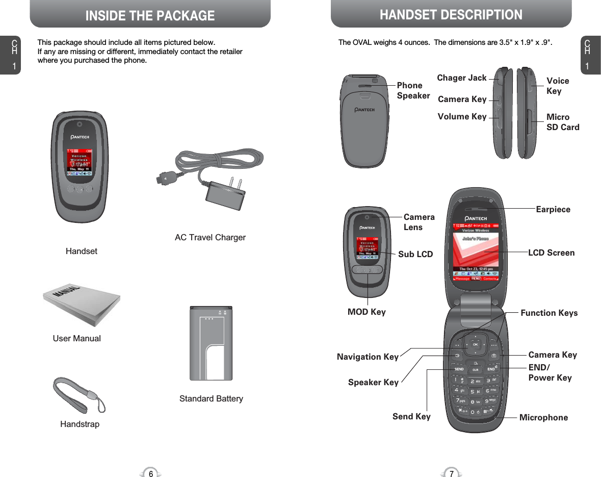 HANDSET DESCRIPTIONCH1This package should include all items pictured below. If any are missing or different, immediately contact the retailer where you purchased the phone.7INSIDE THE PACKAGECH16The OVAL weighs 4 ounces.  The dimensions are 3.5&quot; x 1.9&quot; x .9&quot;.HandstrapUser ManualAC Travel ChargerHandsetStandard BatteryChager JackMicroSD CardLCD ScreenFunction KeysSend KeyEND/Power KeyCamera KeyMicrophoneEarpieceNavigation KeySpeaker KeyMOD KeySub LCD PhoneSpeakerCameraLensCamera KeyVolume KeyVoiceKey