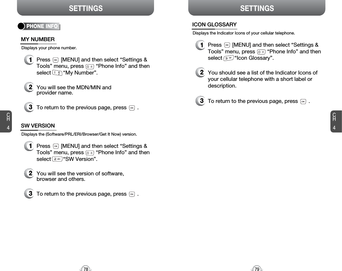 CH479SETTINGSCH478SETTINGSPHONE INFODisplays your phone number.MY NUMBER1Press       [MENU] and then select “Settings &amp;Tools” menu, press        “Phone Info” and thenselect        “My Number”.3To return to the previous page, press       .2You will see the MDN/MIN andprovider name.Displays the (Software/PRL/ERI/Browser/Get It Now) version.SW VERSION1Press       [MENU] and then select “Settings &amp;Tools” menu, press        “Phone Info” and thenselect        “SW Version”.3To return to the previous page, press       .2You will see the version of software, browser and others.Displays the Indicator Icons of your cellular telephone.ICON GLOSSARY1Press       [MENU] and then select “Settings &amp;Tools” menu, press        “Phone Info” and thenselect        “Icon Glossary”.3To return to the previous page, press       .2You should see a list of the Indicator Icons ofyour cellular telephone with a short label ordescription.