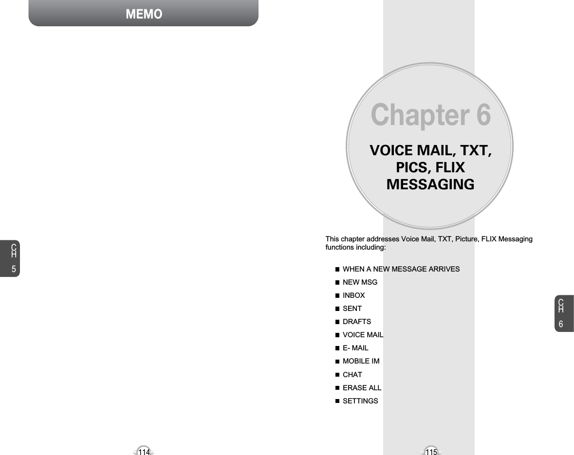 VOICE MAIL, TXT,PICS, FLIXMESSAGINGThis chapter addresses Voice Mail, TXT, Picture, FLIX Messagingfunctions including: WHEN A NEW MESSAGE ARRIVESNEW MSGINBOXSENTDRAFTSVOICE MAILE- MAILMOBILE IMCHATERASE ALLSETTINGSChapter 6115114CH6115MEMOCH5