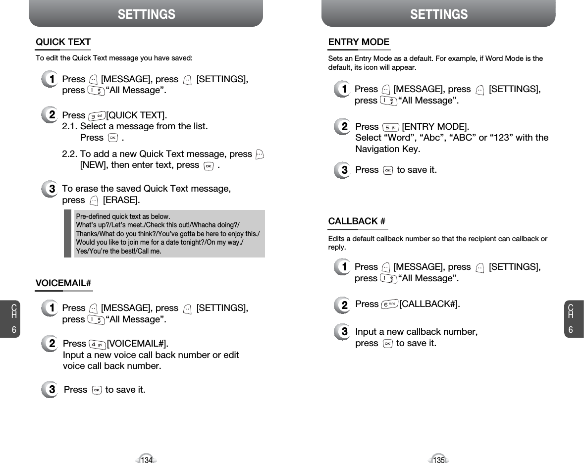 CH6135CH6134SETTINGSSETTINGSEdits a default callback number so that the recipient can callback orreply.Press        [CALLBACK#]. Input a new callback number, press       to save it.Press         [ENTRY MODE].Select “Word”, “Abc”, “ABC” or “123” with theNavigation Key.Press       to save it.Sets an Entry Mode as a default. For example, if Word Mode is thedefault, its icon will appear.ENTRY MODECALLBACK #3322Press      [MESSAGE], press       [SETTINGS],press        “All Message”.1Press      [MESSAGE], press       [SETTINGS],press        “All Message”.1To edit the Quick Text message you have saved:Press        [QUICK TEXT].2.1. Select a message from the list. Press       .2.2. To add a new Quick Text message, press[NEW], then enter text, press       .To erase the saved Quick Text message, press       [ERASE].Pre-defined quick text as below.What’s up?/Let’s meet./Check this out!/Whacha doing?/Thanks/What do you think?/You’ve gotta be here to enjoy this./Would you like to join me for a date tonight?/On my way./Yes/You’re the best!/Call me.Press        [VOICEMAIL#].Input a new voice call back number or editvoice call back number.Press       to save it.QUICK TEXTVOICEMAIL#Press      [MESSAGE], press       [SETTINGS],press        “All Message”.1Press      [MESSAGE], press       [SETTINGS],press        “All Message”.12332