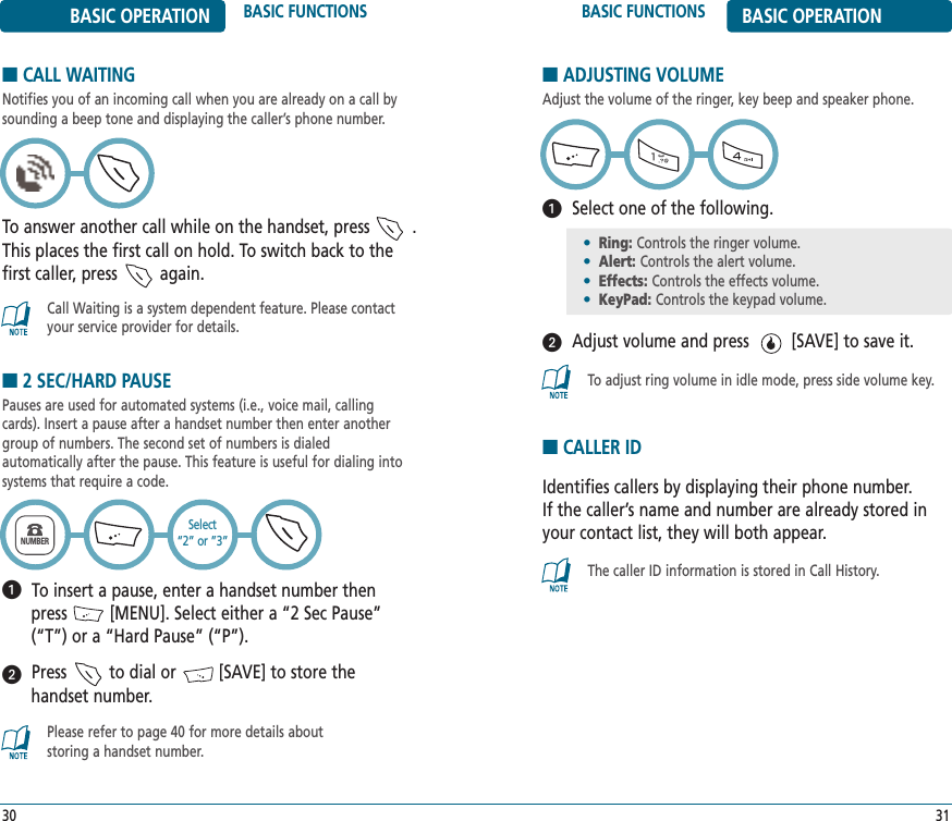BASIC FUNCTIONS BASIC OPERATION31Call Waiting is a system dependent feature. Please contactyour service provider for details.BASIC OPERATION BASIC FUNCTIONS30■CALL WAITINGNotifies you of an incoming call when you are already on a call bysounding a beep tone and displaying the caller’s phone number.To answer another call while on the handset, press         .This places the first call on hold. To switch back to thefirst caller, press         again.■2 SEC/HARD PAUSEPauses are used for automated systems (i.e., voice mail, callingcards). Insert a pause after a handset number then enter anothergroup of numbers. The second set of numbers is dialed automatically after the pause. This feature is useful for dialing intosystems that require a code.To insert a pause, enter a handset number then press         [MENU]. Select either a “2 Sec Pause”   (“T”) or a “Hard Pause” (“P”). Press         to dial or         [SAVE] to store the handset number.Please refer to page 40 for more details about storing a handset number.NUMBERSelect“2” or ”3”ᕢᕡ■ADJUSTING VOLUMEAdjust the volume of the ringer, key beep and speaker phone.Select one of the following.Adjust volume and press         [SAVE] to save it.ᕢᕡTo adjust ring volume in idle mode, press side volume key.■CALLER IDIdentifies callers by displaying their phone number.  If the caller’s name and number are already stored inyour contact list, they will both appear.The caller ID information is stored in Call History.•Ring: Controls the ringer volume.•Alert: Controls the alert volume.•Effects: Controls the effects volume.•KeyPad: Controls the keypad volume.