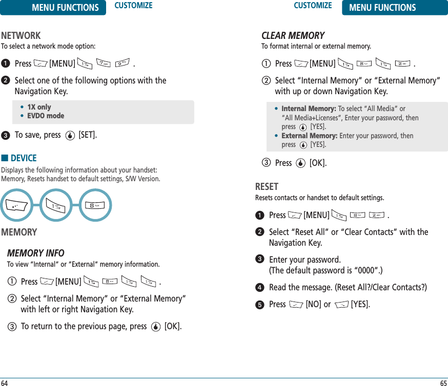 CUSTOMIZE MENU FUNCTIONS65MENU FUNCTIONS CUSTOMIZE64RESETResets contacts or handset to default settings.Press        [MENU]                          .Select “Reset All” or “Clear Contacts” with theNavigation Key.Enter your password. (The default password is “0000”.)Read the message. (Reset All?/Clear Contacts?)Press         [NO] or         [YES].■DEVICEDisplays the following information about your handset: Memory, Resets handset to default settings, S/W Version.MEMORYMEMORY INFOTo view “Internal“ or “External“ memory information. Press        [MENU]                                   .Select “Internal Memory” or “External Memory”with left or right Navigation Key.To return to the previous page, press        [OK].ቢባቤᕡᕢᕣᕤᕥCLEAR MEMORYTo format internal or external memory.Press        [MENU]                                   .Select “Internal Memory” or “External Memory”with up or down Navigation Key.Press        [OK].ቢባ•Internal Memory: To select “All Media” or “All Media+Licenses”, Enter your password, then press        [YES].•External Memory: Enter your password, then press        [YES].ቤNETWORKTo select a network mode option:Press        [MENU]                          .Select one of the following options with theNavigation Key.To save, press        [SET].•1X only•EVDO modeᕡᕢᕣ