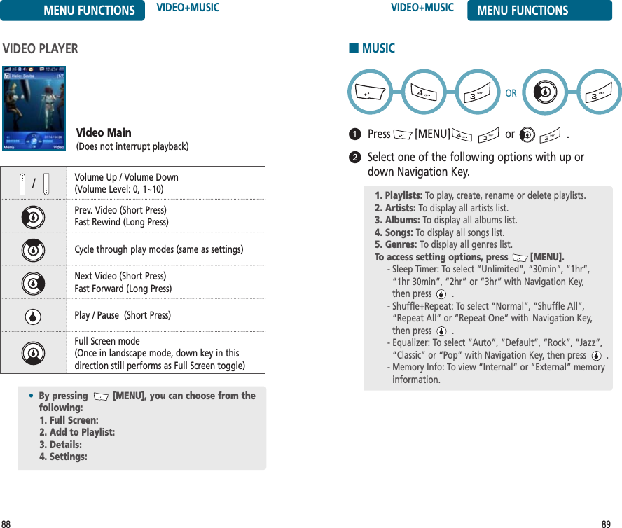 8988VIDEO+MUSIC MENU FUNCTIONSMENU FUNCTIONS VIDEO+MUSICVIDEO PLAYER Video Main(Does not interrupt playback)Volume Up / Volume Down(Volume Level: 0, 1~10)/ Prev. Video (Short Press)Fast Rewind (Long Press)Cycle through play modes (same as settings)Next Video (Short Press)Fast Forward (Long Press)Play / Pause  (Short Press)Full Screen mode(Once in landscape mode, down key in this direction still performs as Full Screen toggle)•By pressing         [MENU], you can choose from the following:1. Full Screen:2. Add to Playlist:3. Details:4. Settings: ■MUSICPress        [MENU]                  or                 .Select one of the following options with up ordown Navigation Key.ᕡᕢ1. Playlists: To play, create, rename or delete playlists.2. Artists: To display all artists list. 3. Albums: To display all albums list. 4. Songs: To display all songs list. 5. Genres: To display all genres list. To access setting options, press        [MENU].- Sleep Timer: To select “Unlimited”, “30min”, “1hr”, “1hr 30min”, “2hr” or “3hr” with Navigation Key, then press        .  - Shuffle+Repeat: To select “Normal”, “Shuffle All”,“Repeat All” or “Repeat One” with  Navigation Key,then press        . - Equalizer: To select “Auto”, “Default”, “Rock”, “Jazz”,“Classic” or “Pop” with Navigation Key, then press        .- Memory Info: To view “Internal” or “External” memoryinformation.OR