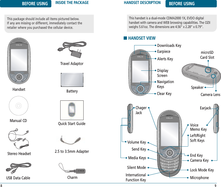 HANDSET DESCRIPTION BEFORE USING■HANDSET VIEW9BEFORE USING INSIDE THE PACKAGE8This package should include all items pictured below.If any are missing or different, immediately contact the retailer where you purchased the cellular device.DisplayScreenQuick Start GuideCharm2.5 to 3.5mm AdapterBatteryNavigationKeysAlerts KeyEarpieceDownloads KeyClear KeyThis handset is a dual-mode CDMA2000 1X, EVDO digital handset with camera and WEB browsing capabilities. The OZIIweighs 5.61oz. The dimensions are 4.56” x 2.28” x 0.79”.International Function KeySilent ModeEnd KeyLock Mode KeyLeft/RightSoft KeysSend KeyMedia Keys Camera KeyVoice Memo KeyEarjackVolume KeyChagerJackMicrophoneCamera LensSpeakermicroSDCard SlotHandsetTravel AdaptorManual CDStereo HeadsetUSB Data Cable