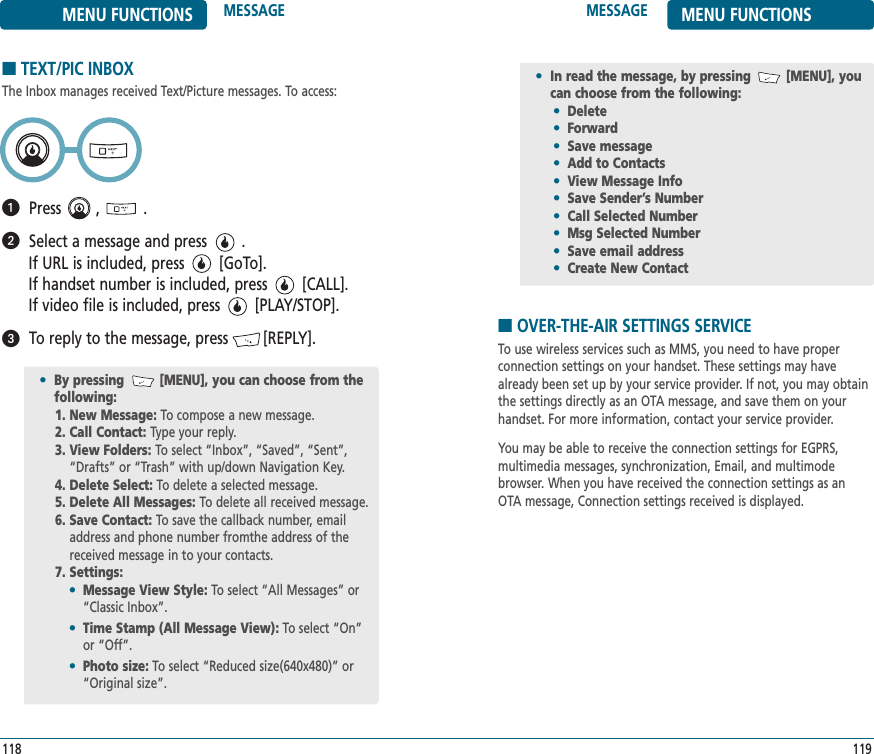 119118MESSAGE MENU FUNCTIONSMENU FUNCTIONS MESSAGE■TEXT/PIC INBOXThe Inbox manages received Text/Picture messages. To access:Press        ,          .Select a message and press        . If URL is included, press        [GoTo]. If handset number is included, press        [CALL]. If video file is included, press        [PLAY/STOP].To reply to the message, press        [REPLY].•By pressing         [MENU], you can choose from the following:1. New Message: To compose a new message.2. Call Contact: Type your reply.3. View Folders: To select “Inbox”, “Saved”, “Sent”,“Drafts” or “Trash” with up/down Navigation Key.4. Delete Select: To delete a selected message.5. Delete All Messages: To delete all received message.6. Save Contact: To save the callback number, emailaddress and phone number fromthe address of thereceived message in to your contacts.7. Settings:•Message View Style: To select “All Messages” or“Classic Inbox”.•Time Stamp (All Message View): To select “On”or “Off”.•Photo size: To select “Reduced size(640x480)” or“Original size”.ᕡᕢᕣ•In read the message, by pressing         [MENU], youcan choose from the following:•Delete•Forward•Save message•Add to Contacts•View Message Info•Save Sender’s Number•Call Selected Number•Msg Selected Number•Save email address•Create New Contact■OVER-THE-AIR SETTINGS SERVICETo use wireless services such as MMS, you need to have proper connection settings on your handset. These settings may havealready been set up by your service provider. If not, you may obtainthe settings directly as an OTA message, and save them on yourhandset. For more information, contact your service provider.You may be able to receive the connection settings for EGPRS, multimedia messages, synchronization, Email, and multimodebrowser. When you have received the connection settings as anOTA message, Connection settings received is displayed.