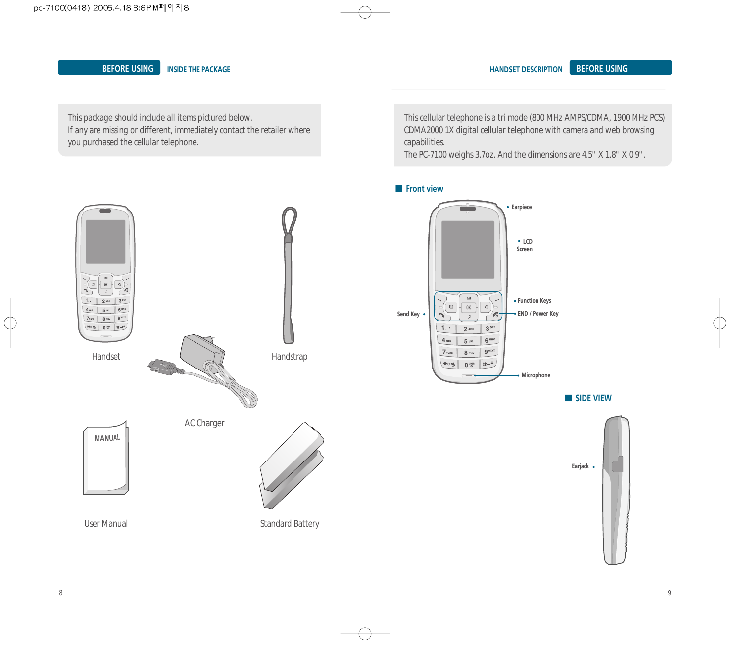89BEFORE USING BEFORE USINGThis package should include all items pictured below.If any are missing or different, immediately contact the retailer whereyou purchased the cellular telephone.INSIDE THE PACKAGEHandsetEarpieceLCD ScreenEND / Power KeySend KeyMicrophoneHFront viewHandstrapUser ManualAC ChargerStandard BatteryThis cellular telephone is a tri mode (800 MHz AMPS/CDMA, 1900 MHz PCS)CDMA2000 1X digital cellular telephone with camera and web browsingcapabilities.The PC-7100 weighs 3.7oz. And the dimensions are 4.5&quot; X 1.8&quot; X 0.9&quot;.HANDSET DESCRIPTIONFunction KeysEarjackHSIDE VIEW