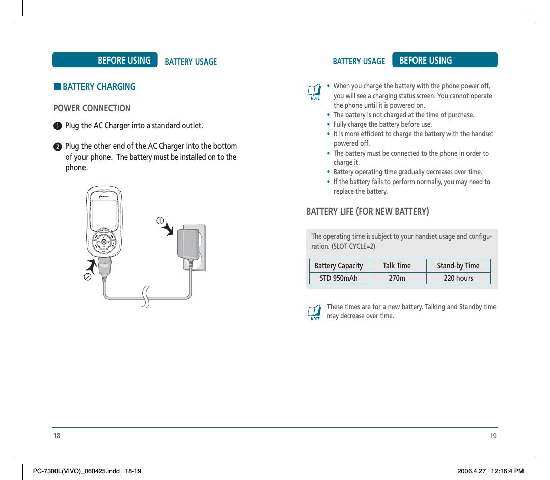 19BATTERY USAGE BEFORE USING•When you charge the battery with the phone power off,     you will see a charging status screen. You cannot operate     the phone until it is powered on.•The battery is not charged at the time of purchase.•Fully charge the battery before use.•It is more efficient to charge the battery with the handset     powered off.•The battery must be connected to the phone in order to     charge it.•Battery operating time gradually decreases over time.•If the battery fails to perform normally, you may need to     replace the battery.BATTERY LIFE (FOR NEW BATTERY)These times are for a new battery. Talking and Standby time may decrease over time.The operating time is subject to your handset usage and configu-ration. (SLOT CYCLE=2)270mStand-by Time220 hours18BATTERY USAGEBEFORE USINGHBATTERY CHARGINGPOWER CONNECTION  Plug the AC Charger into a standard outlet.  Plug the other end of the AC Charger into the bottom of your phone. The battery must be installed on to the phone.Talk TimeSTD 950mAhBattery CapacityPC-7300L(VIVO)_060425.indd 18-19PC-7300L(VIVO)_060425.indd   18-192006.4.27 12:16:4 PM2006.4.27   12:16:4 PM