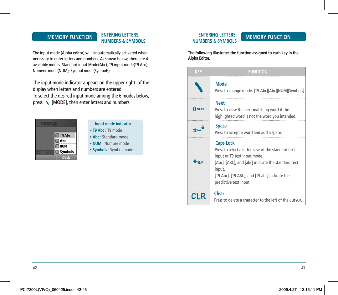 43ENTERING LETTERS, NUMBERS &amp; SYMBOLS MEMORY FUNCTIONThe following illustrates the function assigned to each key in the Alpha Editor.KEY FUNCTIONMode    Press to change mode. [T9 Abc][Abc][NUM][Symbols]Next    Press to view the next matching word if the    highlighted word is not the word you intended.Space    Press to accept a word and add a space.Caps Lock    Press to select a letter case of the standard text     input or T9 text input mode.    [Abc], [ABC], and [abc] indicate the standard text    input.    [T9 Abc], [T9 ABC], and [T9 abc] indicate the    predictive text input.   ClearPress to delete a character to the left of the cursor.42ENTERING LETTERS, NUMBERS &amp; SYMBOLSMEMORY FUNCTIONThe input mode (Alpha editor) will be automatically activated when necessary to enter letters and numbers. As shown below, there are 4 available modes. Standard input Mode(Abc), T9 input mode(T9 Abc), Numeric mode(NUM), Symbol mode(Symbols).The input mode indicator appears on the upper right  of the display when letters and numbers are entered.    To select the desired input mode among the 6 modes below,  press  [MODE], then enter letters and numbers. Input mode indicator•T9 Abc : T9 mode•Abc : Standard mode•NUM : Number mode•Symbols : Symbol modePC-7300L(VIVO)_060425.indd 42-43PC-7300L(VIVO)_060425.indd   42-432006.4.27 12:16:11 PM2006.4.27   12:16:11 PM