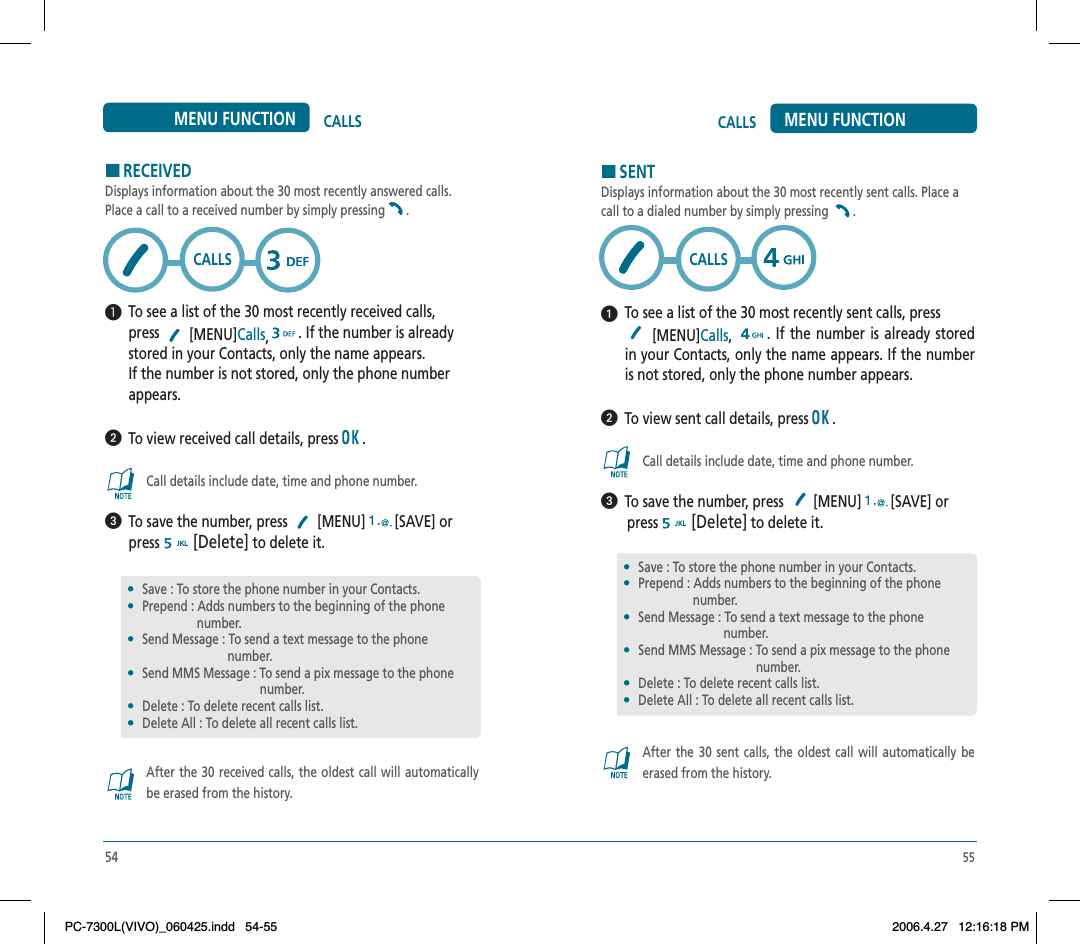 HSENTDisplays information about the 30 most recently sent calls. Place a call to a dialed number by simply pressing  .  To see a list of the 30 most recently sent calls, press  [MENU]Calls,. If the number is already stored in your Contacts, only the name appears. If the number is not stored, only the phone number appears.  To view sent call details, press   .Call details include date, time and phone number.  To save the number, press  [MENU] [SAVE] or        press  [Delete] to delete it.After the 30 sent calls, the oldest call will automatically be erased from the history.CALLS MENU FUNCTION•Save : To store the phone number in your Contacts.•Prepend : Adds numbers to the beginning of the phone                  number.•Send Message : To send a text message to the phone                                  number.•Send MMS Message : To send a pix message to the phone                                                number.•Delete : To delete recent calls list.•Delete All : To delete all recent calls list.55CALLS54CALLSMENU FUNCTIONHRECEIVEDDisplays information about the 30 most recently answered calls. Place a call to a received number by simply pressing .  To see a list of the 30 most recently received calls,      press   [MENU]Calls,. If the number is already      stored in your Contacts, only the name appears.      If the number is not stored, only the phone number      appears.  To view received call details, press   .Call details include date, time and phone number.  To save the number, press   [MENU] [SAVE] or press [Delete] to delete it.After the 30 received calls, the oldest call will automatically be erased from the history.•Save : To store the phone number in your Contacts.•Prepend : Adds numbers to the beginning of the phone                  number.•Send Message : To send a text message to the phone                                  number.•Send MMS Message : To send a pix message to the phone                                                number.•Delete : To delete recent calls list.•Delete All : To delete all recent calls list.CALLSPC-7300L(VIVO)_060425.indd 54-55PC-7300L(VIVO)_060425.indd   54-552006.4.27 12:16:18 PM2006.4.27   12:16:18 PM