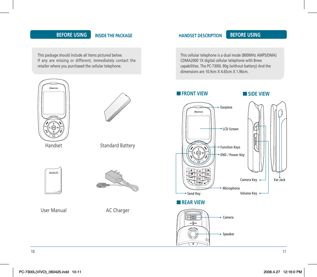 HFRONT VIEWThis package should include all items pictured below.If any are missing or different, immediately contact the retailer where you purchased the cellular telephone.This cellular telephone is a dual mode (800MHz AMPS/DMA) CDMA2000 1X digital cellular telephone with Brew capabilities. The PC-7300L 90g (without battery) And the dimensions are 10.9cm X 4.65cm X 1.96cm.11HANDSET DESCRIPTION BEFORE USING10INSIDE THE PACKAGEBEFORE USINGHandset Standard BatteryAC ChargerUser ManualSend KeyMicrophoneCamera KeyHSIDE VIEWEarpieceLCD ScreenEND / Power KeyFunction KeysHREAR VIEWCameraSpeakerVolume KeyEar JackPC-7300L(VIVO)_060425.indd 10-11PC-7300L(VIVO)_060425.indd   10-112006.4.27 12:16:0 PM2006.4.27   12:16:0 PM