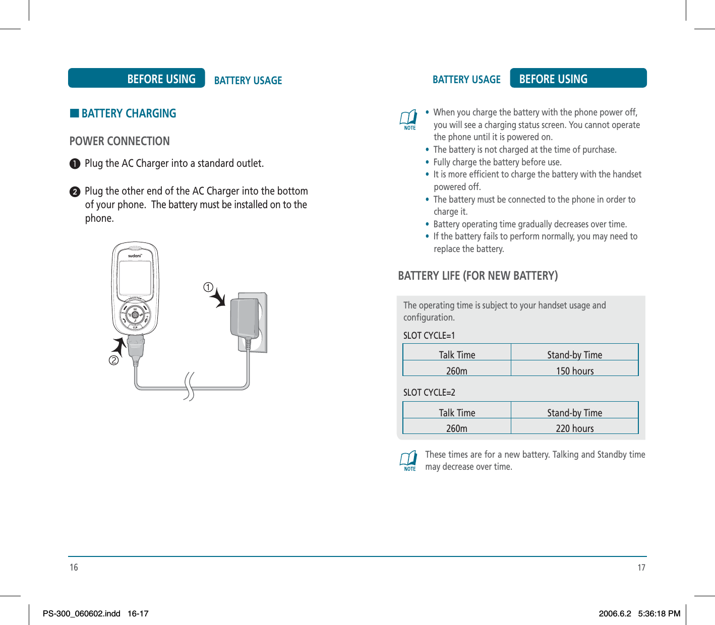 16BATTERY USAGEBEFORE USINGHBATTERY CHARGINGPOWER CONNECTION³  Plug the AC Charger into a standard outlet.ᕢ  Plug the other end of the AC Charger into the bottom of your phone. The battery must be installed on to the phone.BATTERY USAGE BEFORE USING•When you charge the battery with the phone power off,     you will see a charging status screen. You cannot operate     the phone until it is powered on.•The battery is not charged at the time of purchase.•Fully charge the battery before use.•It is more efficient to charge the battery with the handset     powered off.•The battery must be connected to the phone in order to     charge it.•Battery operating time gradually decreases over time.•If the battery fails to perform normally, you may need to     replace the battery.BATTERY LIFE (FOR NEW BATTERY)These times are for a new battery. Talking and Standby time may decrease over time.17The operating time is subject to your handset usage and configuration.SLOT CYCLE=1SLOT CYCLE=2Talk Time260mStand-by Time150 hoursTalk Time260mStand-by Time220 hoursPS-300_060602.indd 16-17PS-300_060602.indd   16-172006.6.2 5:36:18 PM2006.6.2   5:36:18 PM