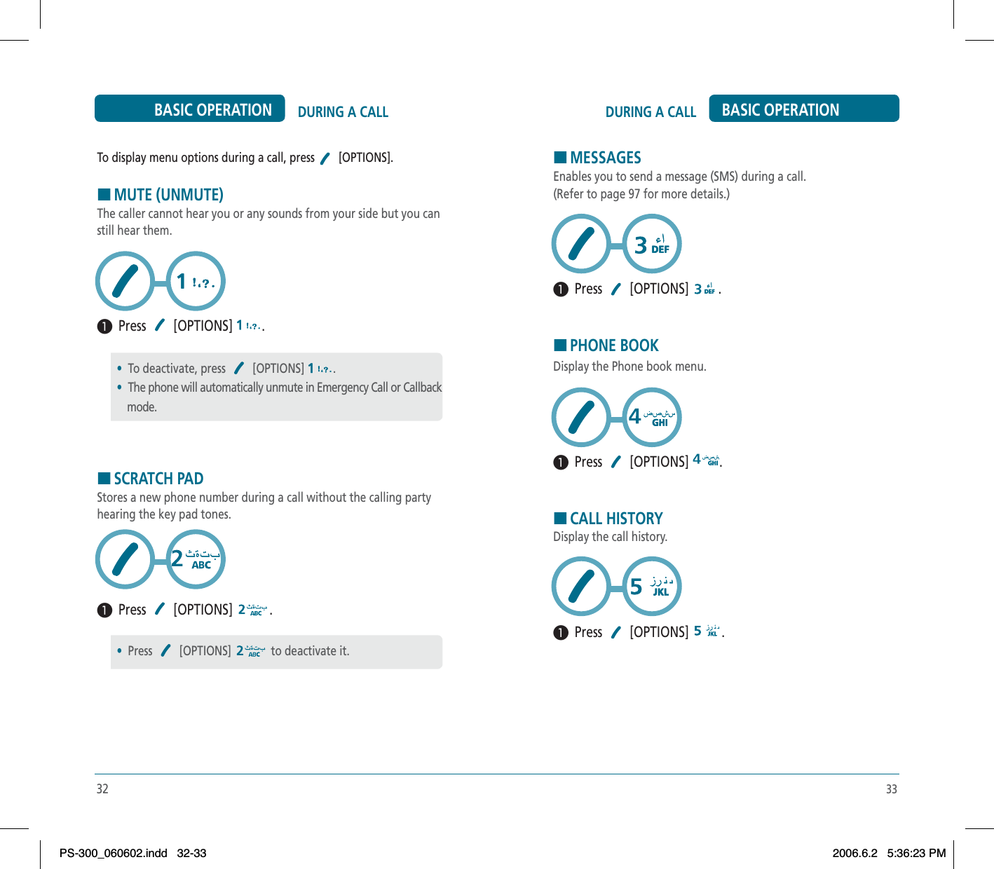 33DURING A CALL BASIC OPERATIONTo display menu options during a call, press [OPTIONS].HMUTE (UNMUTE)The caller cannot hear you or any sounds from your side but you can still hear them.³  Press  [OPTIONS]  .HSCRATCH PADStores a new phone number during a call without the calling party hearing the key pad tones.³  Press  [OPTIONS]  .•To deactivate, press  [OPTIONS] .•The phone will automatically unmute in Emergency Call or Callback     mode.•Press [OPTIONS] to deactivate it.32DURING A CALLBASIC OPERATIONHMESSAGESEnables you to send a message (SMS) during a call.(Refer to page 97 for more details.)³  Press  [OPTIONS]  .HPHONE BOOKDisplay the Phone book menu.³  Press  [OPTIONS]  .HCALL HISTORYDisplay the call history.³  Press  [OPTIONS]  .PS-300_060602.indd 32-33PS-300_060602.indd   32-332006.6.2 5:36:23 PM2006.6.2   5:36:23 PM