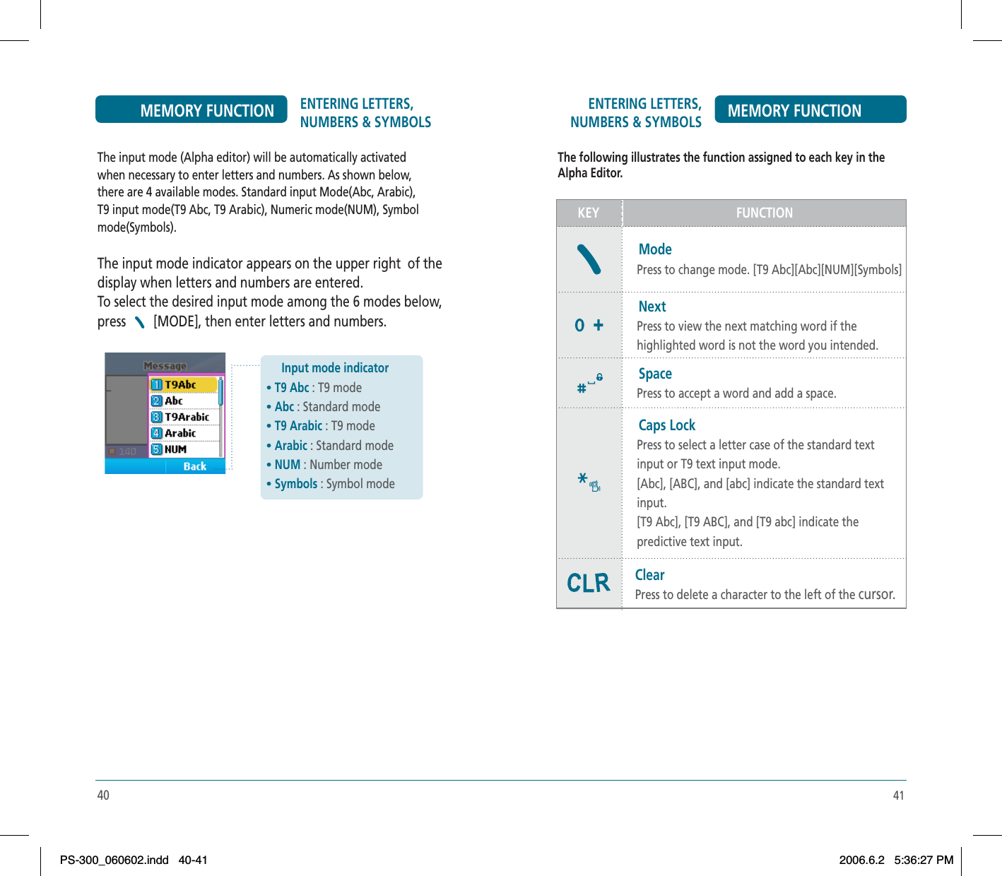 41ENTERING LETTERS, NUMBERS &amp; SYMBOLS MEMORY FUNCTIONThe following illustrates the function assigned to each key in the Alpha Editor.KEY FUNCTIONMode    Press to change mode. [T9 Abc][Abc][NUM][Symbols]Next    Press to view the next matching word if the    highlighted word is not the word you intended.Space    Press to accept a word and add a space.Caps Lock    Press to select a letter case of the standard text     input or T9 text input mode.    [Abc], [ABC], and [abc] indicate the standard text    input.    [T9 Abc], [T9 ABC], and [T9 abc] indicate the    predictive text input.   ClearPress to delete a character to the left of the cursor.40ENTERING LETTERS, NUMBERS &amp; SYMBOLSMEMORY FUNCTIONThe input mode (Alpha editor) will be automatically activated when necessary to enter letters and numbers. As shown below, there are 4 available modes. Standard input Mode(Abc, Arabic), T9 input mode(T9 Abc, T9 Arabic), Numeric mode(NUM), Symbol mode(Symbols).The input mode indicator appears on the upper right  of the display when letters and numbers are entered.    To select the desired input mode among the 6 modes below,  press  [MODE], then enter letters and numbers. Input mode indicator•T9 Abc : T9 mode•Abc : Standard mode•T9 Arabic : T9 mode•Arabic : Standard mode•NUM : Number mode•Symbols : Symbol modePS-300_060602.indd 40-41PS-300_060602.indd   40-412006.6.2 5:36:27 PM2006.6.2   5:36:27 PM