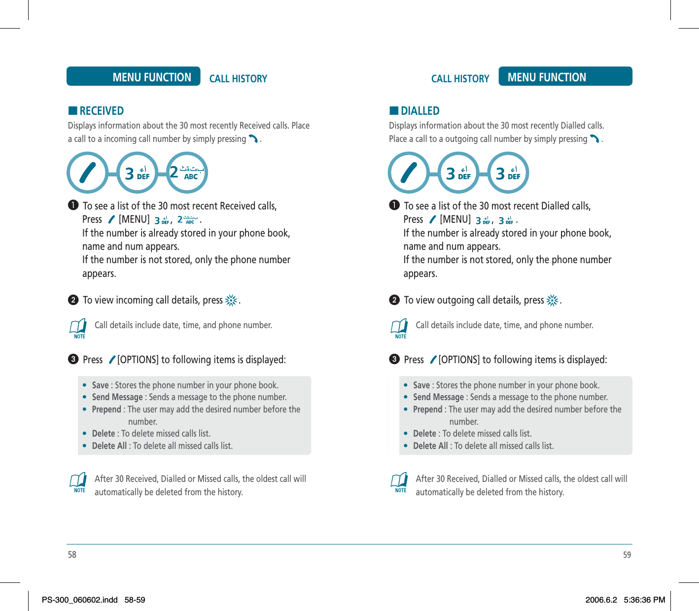 59CALL HISTORY MENU FUNCTION58CALL HISTORYMENU FUNCTIONHRECEIVEDDisplays information about the 30 most recently Received calls. Placea call to a incoming call number by simply pressing .³  To see a list of the 30 most recent Received calls,      Press  [MENU] , .      If the number is already stored in your phone book,      name and num appears.      If the number is not stored, only the phone number      appears.ᕢ  To view incoming call details, press  .Call details include date, time, and phone number.ᕣ  Press [OPTIONS] to following items is displayed:After 30 Received, Dialled or Missed calls, the oldest call willautomatically be deleted from the history.•Save : Stores the phone number in your phone book.•Send Message : Sends a message to the phone number.•Prepend : The user may add the desired number before the                      number.•Delete : To delete missed calls list.•Delete All : To delete all missed calls list.HDIALLEDDisplays information about the 30 most recently Dialled calls.Place a call to a outgoing call number by simply pressing .³  To see a list of the 30 most recent Dialled calls,      Press  [MENU] , .      If the number is already stored in your phone book,      name and num appears.      If the number is not stored, only the phone number      appears.ᕢ  To view outgoing call details, press  .Call details include date, time, and phone number.ᕣ  Press [OPTIONS] to following items is displayed:After 30 Received, Dialled or Missed calls, the oldest call willautomatically be deleted from the history.•Save : Stores the phone number in your phone book.•Send Message : Sends a message to the phone number.•Prepend : The user may add the desired number before the                      number.•Delete : To delete missed calls list.•Delete All : To delete all missed calls list.PS-300_060602.indd 58-59PS-300_060602.indd   58-592006.6.2 5:36:36 PM2006.6.2   5:36:36 PM
