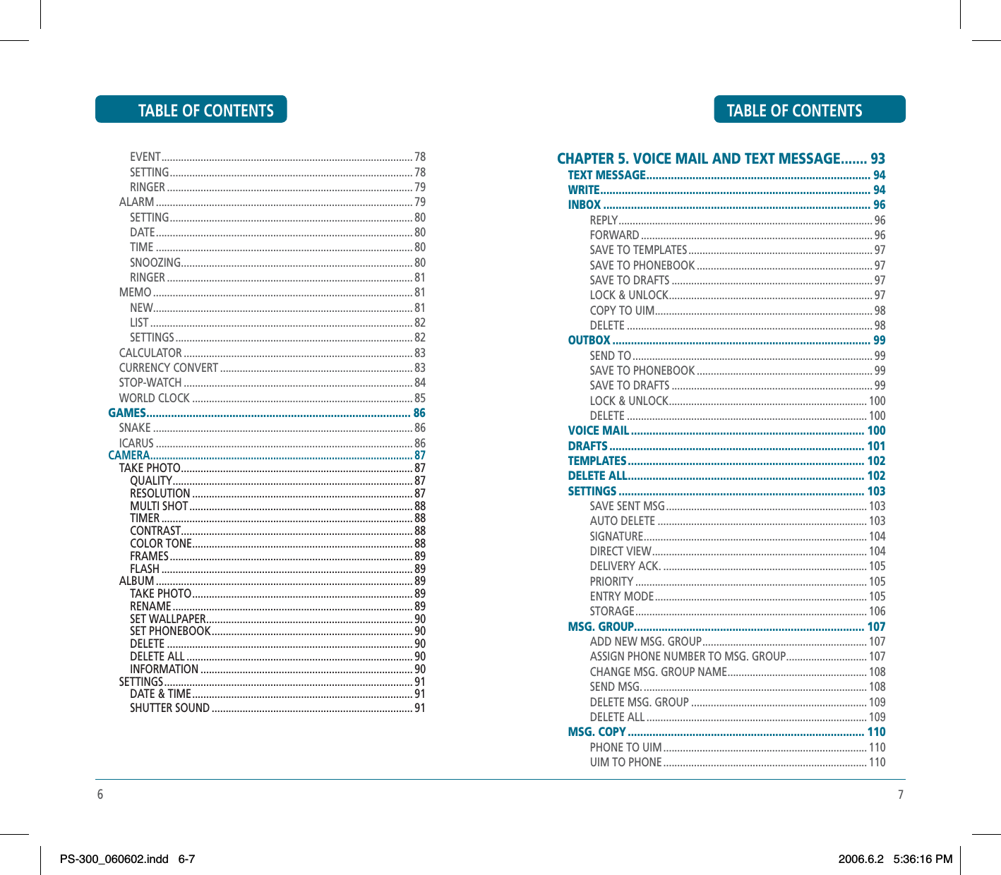 7TABLE OF CONTENTSCHAPTER 5. VOICE MAIL AND TEXT MESSAGE ....... 93TEXT MESSAGE ......................................................................... 94WRITE........................................................................................ 94INBOX ....................................................................................... 96REPLY ........................................................................................... 96FORWARD ................................................................................... 96SAVE TO TEMPLATES .................................................................. 97SAVE TO PHONEBOOK ............................................................... 97SAVE TO DRAFTS ........................................................................ 97LOCK &amp; UNLOCK ......................................................................... 97COPY TO UIM .............................................................................. 98DELETE ........................................................................................ 98OUTBOX .................................................................................... 99SEND TO ...................................................................................... 99SAVE TO PHONEBOOK ............................................................... 99SAVE TO DRAFTS ........................................................................ 99LOCK &amp; UNLOCK ....................................................................... 100DELETE ...................................................................................... 100VOICE MAIL ............................................................................ 100DRAFTS ................................................................................... 101TEMPLATES ............................................................................. 102DELETE ALL ............................................................................. 102SETTINGS ................................................................................ 103SAVE SENT MSG ........................................................................ 103AUTO DELETE ........................................................................... 103SIGNATURE ................................................................................ 104DIRECT VIEW ............................................................................. 104DELIVERY ACK. ......................................................................... 105PRIORITY ................................................................................... 105ENTRY MODE ............................................................................ 105STORAGE ................................................................................... 106MSG. GROUP ........................................................................... 107ADD NEW MSG. GROUP ........................................................... 107ASSIGN PHONE NUMBER TO MSG. GROUP ............................. 107CHANGE MSG. GROUP NAME .................................................. 108SEND MSG. ................................................................................ 108DELETE MSG. GROUP ............................................................... 109DELETE ALL ............................................................................... 109MSG. COPY ............................................................................. 110PHONE TO UIM ......................................................................... 110UIM TO PHONE ......................................................................... 1106TABLE OF CONTENTSEVENT .......................................................................................... 78SETTING ....................................................................................... 78RINGER ........................................................................................ 79ALARM ............................................................................................ 79SETTING ....................................................................................... 80DATE ............................................................................................ 80TIME ............................................................................................ 80SNOOZING................................................................................... 80RINGER ........................................................................................ 81MEMO ............................................................................................. 81NEW............................................................................................. 81LIST .............................................................................................. 82SETTINGS ..................................................................................... 82CALCULATOR .................................................................................. 83CURRENCY CONVERT ..................................................................... 83STOP-WATCH .................................................................................. 84WORLD CLOCK ............................................................................... 85GAMES...................................................................................... 86SNAKE ............................................................................................. 86ICARUS ............................................................................................ 86CAMERA.............................................................................................. 87TAKE PHOTO ................................................................................... 87QUALITY...................................................................................... 87RESOLUTION ............................................................................... 87MULTI SHOT ................................................................................ 88TIMER .......................................................................................... 88CONTRAST................................................................................... 88COLOR TONE ............................................................................... 88FRAMES ....................................................................................... 89FLASH .......................................................................................... 89ALBUM ............................................................................................ 89TAKE PHOTO ............................................................................... 89RENAME ...................................................................................... 89SET WALLPAPER .......................................................................... 90SET PHONEBOOK ........................................................................ 90DELETE ........................................................................................ 90DELETE ALL ................................................................................. 90INFORMATION ............................................................................ 90SETTINGS ......................................................................................... 91DATE &amp; TIME ............................................................................... 91SHUTTER SOUND ........................................................................ 91PS-300_060602.indd 6-7PS-300_060602.indd   6-72006.6.2 5:36:16 PM2006.6.2   5:36:16 PM