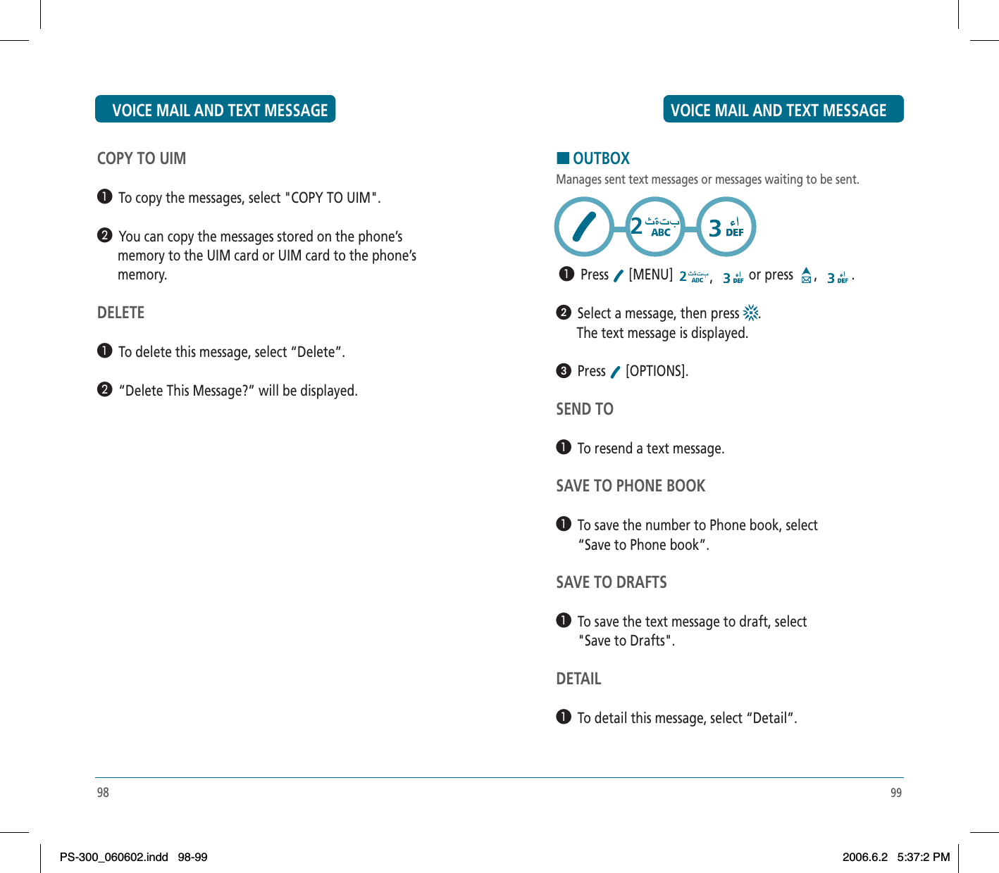 99HOUTBOXManages sent text messages or messages waiting to be sent. ³  Press  [MENU]  ,or press  , .ᕢ  Select a message, then press  .      The text message is displayed.ᕣ  Press  [OPTIONS]. SEND TO³  To resend a text message.SAVE TO PHONE BOOK³  To save the number to Phone book, select “Save to Phone book”.SAVE TO DRAFTS³  To save the text message to draft, select &quot;Save to Drafts&quot;.DETAIL³  To detail this message, select “Detail”.COPY TO UIM³  To copy the messages, select &quot;COPY TO UIM&quot;.·  You can copy the messages stored on the phone’s      memory to the UIM card or UIM card to the phone’s      memory.DELETE³  To delete this message, select “Delete”.·  “Delete This Message?” will be displayed.98VOICE MAIL AND TEXT MESSAGE VOICE MAIL AND TEXT MESSAGEPS-300_060602.indd 98-99PS-300_060602.indd   98-992006.6.2 5:37:2 PM2006.6.2   5:37:2 PM