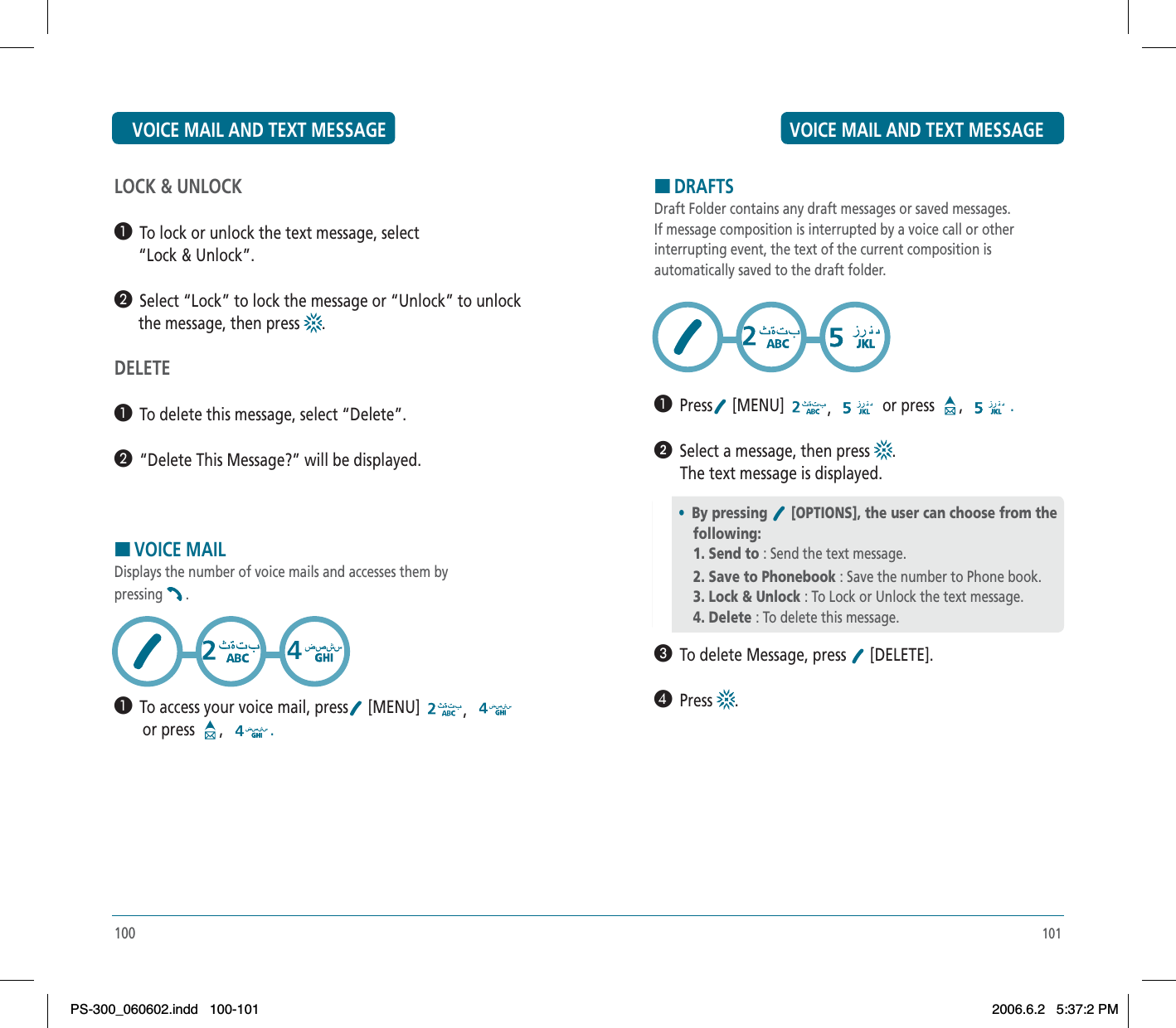 101HDRAFTSDraft Folder contains any draft messages or saved messages. If message composition is interrupted by a voice call or other interrupting event, the text of the current composition is automatically saved to the draft folder. ³  Press  [MENU]  ,or press  , .ᕢ  Select a message, then press  .The text message is displayed.»  To delete Message, press   [DELETE].¿  Press .•By pressing [OPTIONS], the user can choose from the following:1. Send to : Send the text message.2. Save to Phonebook : Save the number to Phone book.3. Lock &amp; Unlock : To Lock or Unlock the text message.4. Delete : To delete this message.LOCK &amp; UNLOCK³  To lock or unlock the text message, select      “Lock &amp; Unlock”.·  Select “Lock” to lock the message or “Unlock” to unlock      the message, then press  .DELETE³  To delete this message, select “Delete”.·  “Delete This Message?” will be displayed.HVOICE MAILDisplays the number of voice mails and accesses them bypressing .³  To access your voice mail, press  [MENU]  ,or press  , .100VOICE MAIL AND TEXT MESSAGE VOICE MAIL AND TEXT MESSAGEPS-300_060602.indd 100-101PS-300_060602.indd   100-1012006.6.2 5:37:2 PM2006.6.2   5:37:2 PM