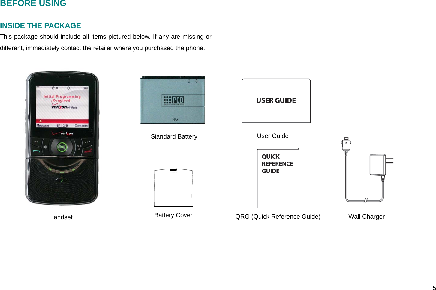  5  BEFORE USING  INSIDE THE PACKAGE This package should include all items pictured below. If any are missing or different, immediately contact the retailer where you purchased the phone.              Wall Charger Handset Standard Battery  User Guide Battery Cover  QRG (Quick Reference Guide) 