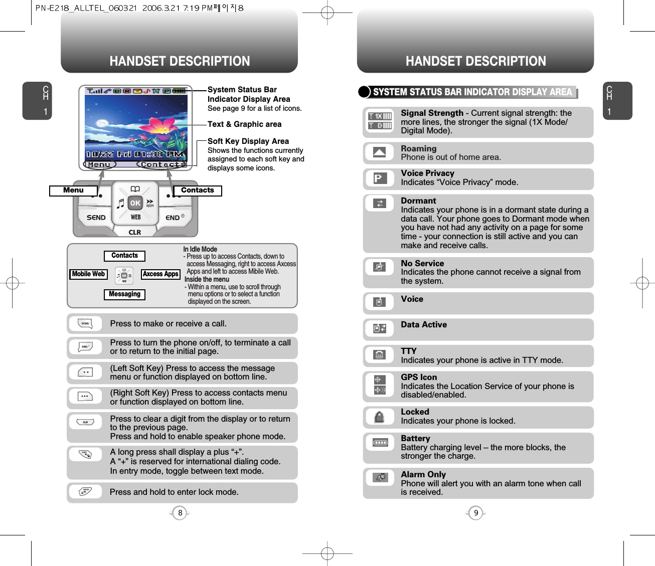 CH19CH18HANDSET DESCRIPTION HANDSET DESCRIPTIONSYSTEM STATUS BAR INDICATOR DISPLAY AREAPress to make or receive a call.Press to clear a digit from the display or to returnto the previous page.  Press and hold to enable speaker phone mode.Press and hold to enter lock mode.A long press shall display a plus “+”.  A “+” is reserved for international dialing code. In entry mode, toggle between text mode.Press to turn the phone on/off, to terminate a callor to return to the initial page.RoamingPhone is out of home area.DormantIndicates your phone is in a dormant state during adata call. Your phone goes to Dormant mode whenyou have not had any activity on a page for sometime - your connection is still active and you canmake and receive calls.No ServiceIndicates the phone cannot receive a signal fromthe system.VoiceData ActiveLockedIndicates your phone is locked.In Idle Mode- Press up to access Contacts, down toaccess Messaging, right to access AxcessApps and left to access Mibile Web.Inside the menu- Within a menu, use to scroll throughmenu options or to select a functiondisplayed on the screen.(Left Soft Key) Press to access the messagemenu or function displayed on bottom line.(Right Soft Key) Press to access contacts menu or function displayed on bottom line.System Status BarIndicator Display AreaSee page 9 for a list of icons.Soft Key Display AreaShows the functions currentlyassigned to each soft key anddisplays some icons.Text &amp; Graphic areaMenuMessagingAxcess AppsMobile WebContactsBatteryBattery charging level – the more blocks, thestronger the charge.ContactsTTYIndicates your phone is active in TTY mode.Voice PrivacyIndicates “Voice Privacy” mode.GPS IconIndicates the Location Service of your phone is disabled/enabled.Signal Strength - Current signal strength: the more lines, the stronger the signal (1X Mode/Digital Mode).Alarm OnlyPhone will alert you with an alarm tone when call is received.