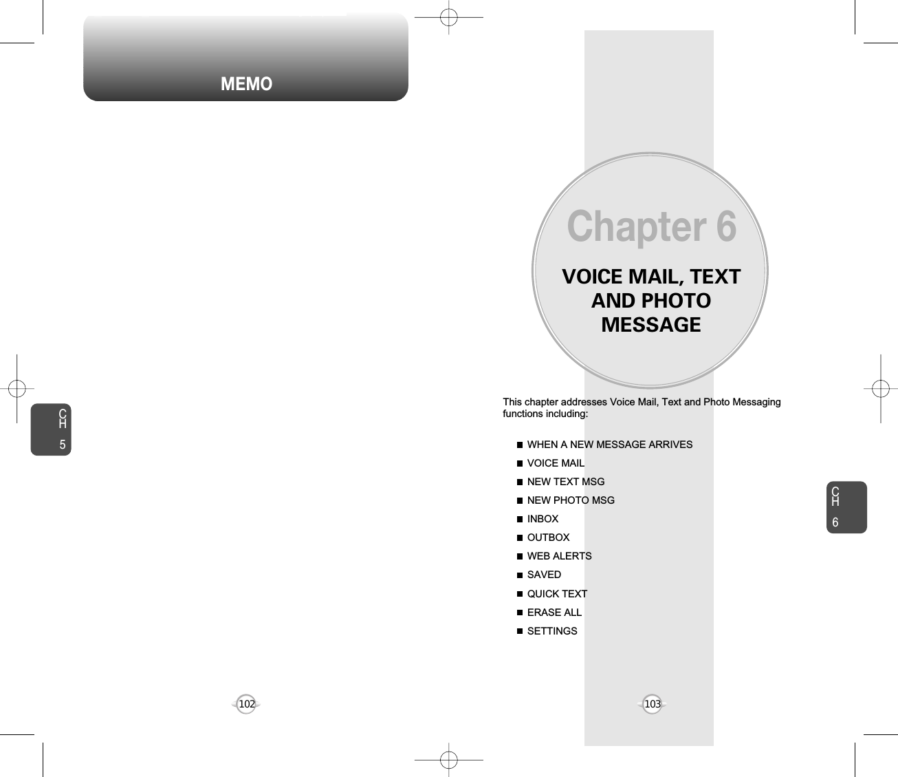 VOICE MAIL, TEXTAND PHOTOMESSAGEThis chapter addresses Voice Mail, Text and Photo Messagingfunctions including: WHEN A NEW MESSAGE ARRIVESVOICE MAILNEW TEXT MSGNEW PHOTO MSGINBOXOUTBOXWEB ALERTSSAVEDQUICK TEXTERASE ALLSETTINGSChapter 6103102CH6103MEMOCH5