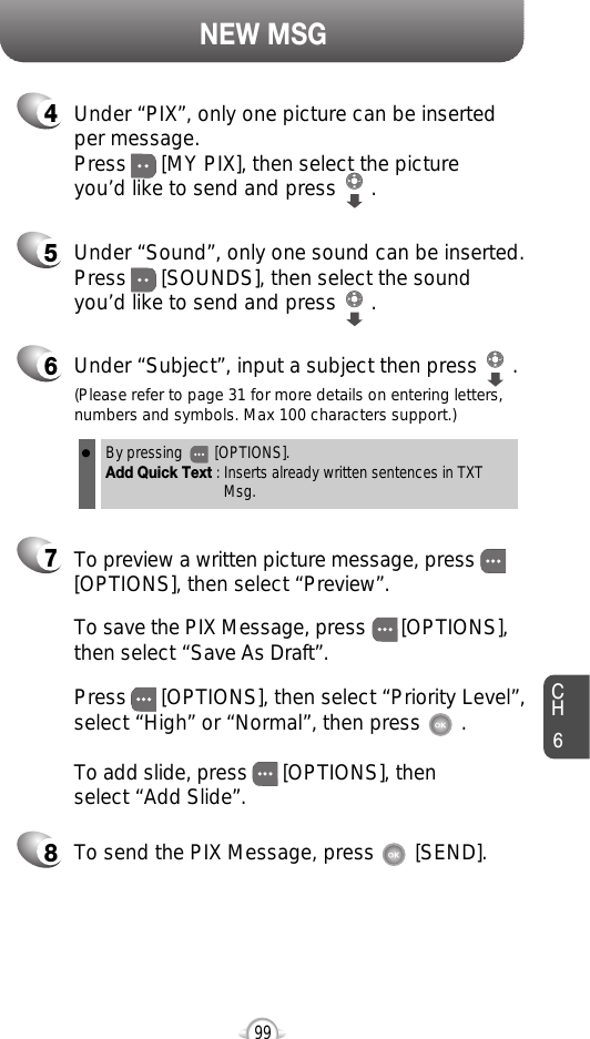 NEW MSGCH6996Under “Subject”, input a subject then press      .By pressing        [OPTIONS].Add Quick Text : Inserts already written sentences in TXT Msg.(Please refer to page 31 for more details on entering letters,numbers and symbols. Max 100 characters support.)4Under “PIX”, only one picture can be insertedper message. Press      [MY PIX], then select the picture you’d like to send and press      .8To send the PIX Message, press       [SEND].7Press      [OPTIONS], then select “Priority Level”,select “High” or “Normal”, then press       .To save the PIX Message, press      [OPTIONS], then select “Save As Draft”.To preview a written picture message, press[OPTIONS], then select “Preview”.To add slide, press      [OPTIONS], then select “Add Slide”.5Under “Sound”, only one sound can be inserted. Press      [SOUNDS], then select the sound you’d like to send and press      .