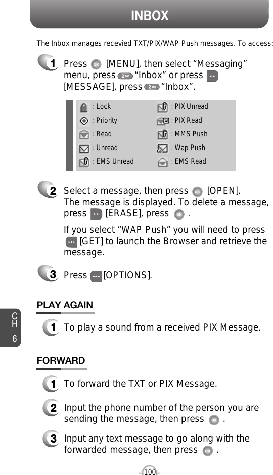 INBOXCH6100FORWARD1To forward the TXT or PIX Message.2Input the phone number of the person you aresending the message, then press       .3Input any text message to go along with theforwarded message, then press       .PLAY AGAIN1To play a sound from a received PIX Message.The Inbox manages recevied TXT/PIX/WAP Push messages. To access:2Select a message, then press       [OPEN]. The message is displayed. To delete a message,press       [ERASE], press       .If you select “WAP Push” you will need to press [GET] to launch the Browser and retrieve themessage.Press      [OPTIONS].31Press       [MENU], then select “Messaging”menu, press       “Inbox” or press[MESSAGE], press       “Inbox”.: Lock: Priority: Read: Unread: EMS Unread: PIX Unread: PIX Read: MMS Push: Wap Push: EMS Read