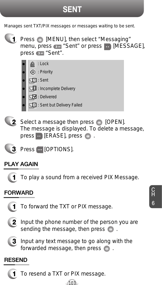 SENTCH61031Press       [MENU], then select “Messaging”menu, press       “Sent” or press       [MESSAGE],press       “Sent”.Manages sent TXT/PIX messages or messages waiting to be sent.2Select a message then press       [OPEN]. The message is displayed. To delete a message,press      [ERASE], press       .Press      [OPTIONS].3FORWARD1To forward the TXT or PIX message.2Input the phone number of the person you aresending the message, then press       .3Input any text message to go along with theforwarded message, then press       .: Lock: Priority: Sent: Incomplete Delivery: Delivered: Sent but Delivery FailedRESEND1To resend a TXT or PIX message.PLAY AGAIN1To play a sound from a received PIX Message.