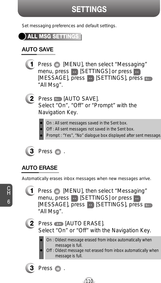 CH6110SETTINGSALL MSG SETTINGSPress       [AUTO SAVE]. Select “On”, “Off” or “Prompt” with theNavigation Key.Press       .Set messaging preferences and default settings.Automatically erases inbox messages when new messages arrive.Press       [MENU], then select “Messaging”menu, press       [SETTINGS] or press[MESSAGE], press       [SETTINGS], press“All Msg”.Press        [AUTO ERASE]. Select “On” or “Off” with the Navigation Key.Press       .On : All sent messages saved in the Sent box.Off : All sent messages not saved in the Sent box.Prompt : “Yes”, “No” dialogue box displayed after sent message.On : Oldest message erased from inbox automatically when message is full.Off : Oldest message not erased from inbox automatically when message is full.Press       [MENU], then select “Messaging”menu, press       [SETTINGS] or press[MESSAGE], press       [SETTINGS], press“All Msg”.AUTO SAVEAUTO ERASE123123