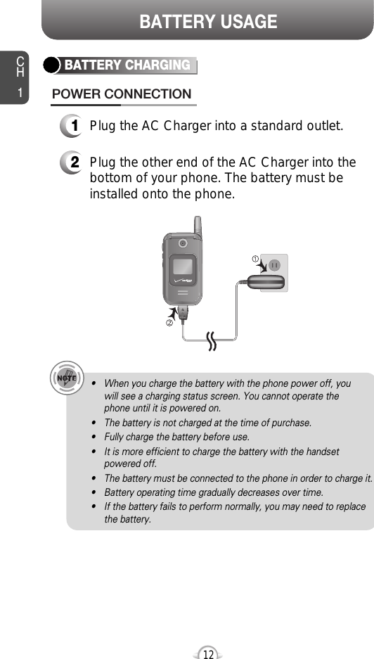 CH112BATTERY USAGE• When you charge the battery with the phone power off, you will see a charging status screen. You cannot operate the phone until it is powered on.• The battery is not charged at the time of purchase.• Fully charge the battery before use.• It is more efficient to charge the battery with the handsetpowered off.• The battery must be connected to the phone in order to charge it.• Battery operating time gradually decreases over time.• If the battery fails to perform normally, you may need to replacethe battery.1Plug the AC Charger into a standard outlet.2Plug the other end of the AC Charger into thebottom of your phone. The battery must beinstalled onto the phone.BATTERY CHARGINGPOWER CONNECTION